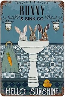 Retro Tin Sign Bunny Bath Hello Sunshine Funny Rabbits Bath Room Decor Bunny Decor Nursery Decor Rabbit Lover Gift Vertical Metal Tin Sign Funny Tin Sign 12"×8"