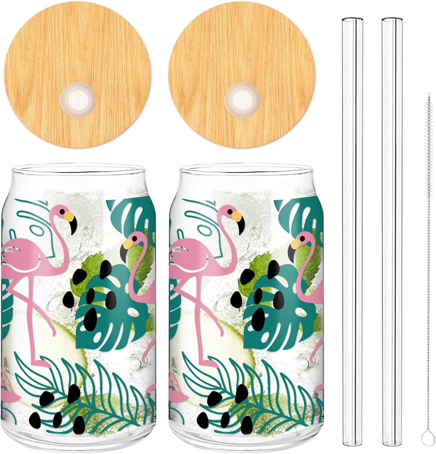 Whaline 2 Pack Summer Drinking Glasses Flamingo Plant Iced Coffee Cups Green Pink Tropical Beer Glasses Can for Summer Travel Office Home Gift