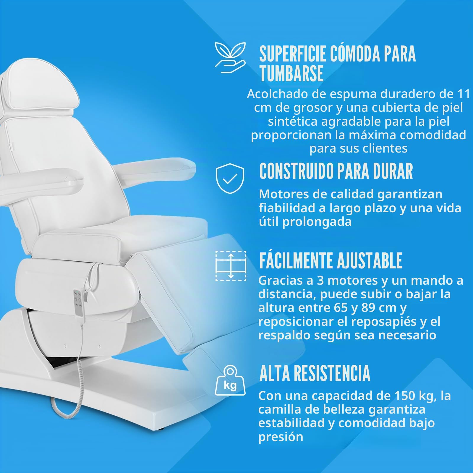 Physa Camilla de estética - 200 W - 3 Motores - 150 kg - Mando a Distancia - Blanco Tatuaje cosmética eléctrica salón de Belleza