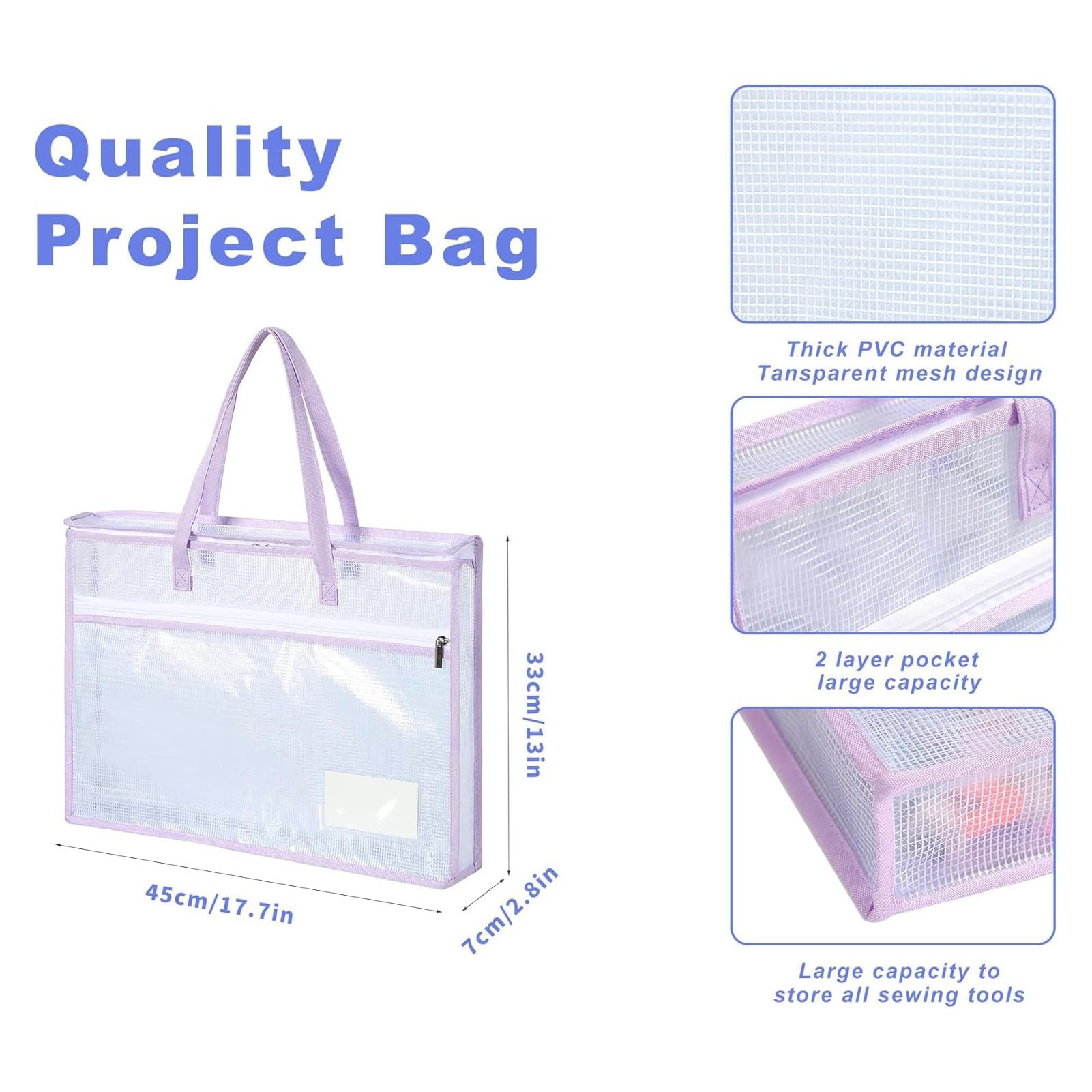 GOWENIC Torby Projektowe Needlepoint, Torby do Przechowywania Zapinane na Zamek A3 z Uchwytami, Siatkowy Organizer do Rękodzieła z PVC Haftu Dziewiarskie Materiały Krawieckie (45x33x7cm)
