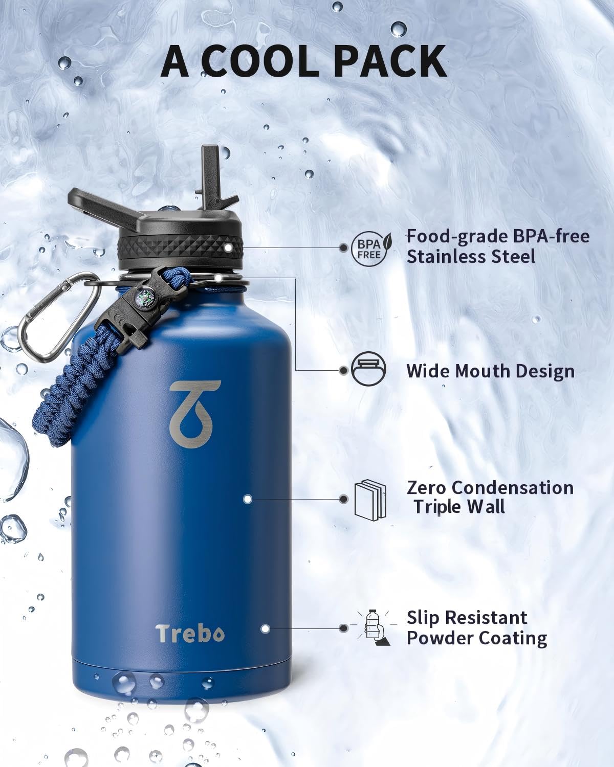 Trebo Edelstahl Trinkflasche mit Paracord-Griff, 1893 ml, Klassisches Blau | Metall Isoliert Wasserflasche mit Strohhalm & 3 Deckeln, Drei-Wand-Vakuum Isolierflasche, 48 Stunden kalt, Spülmaschinenfest