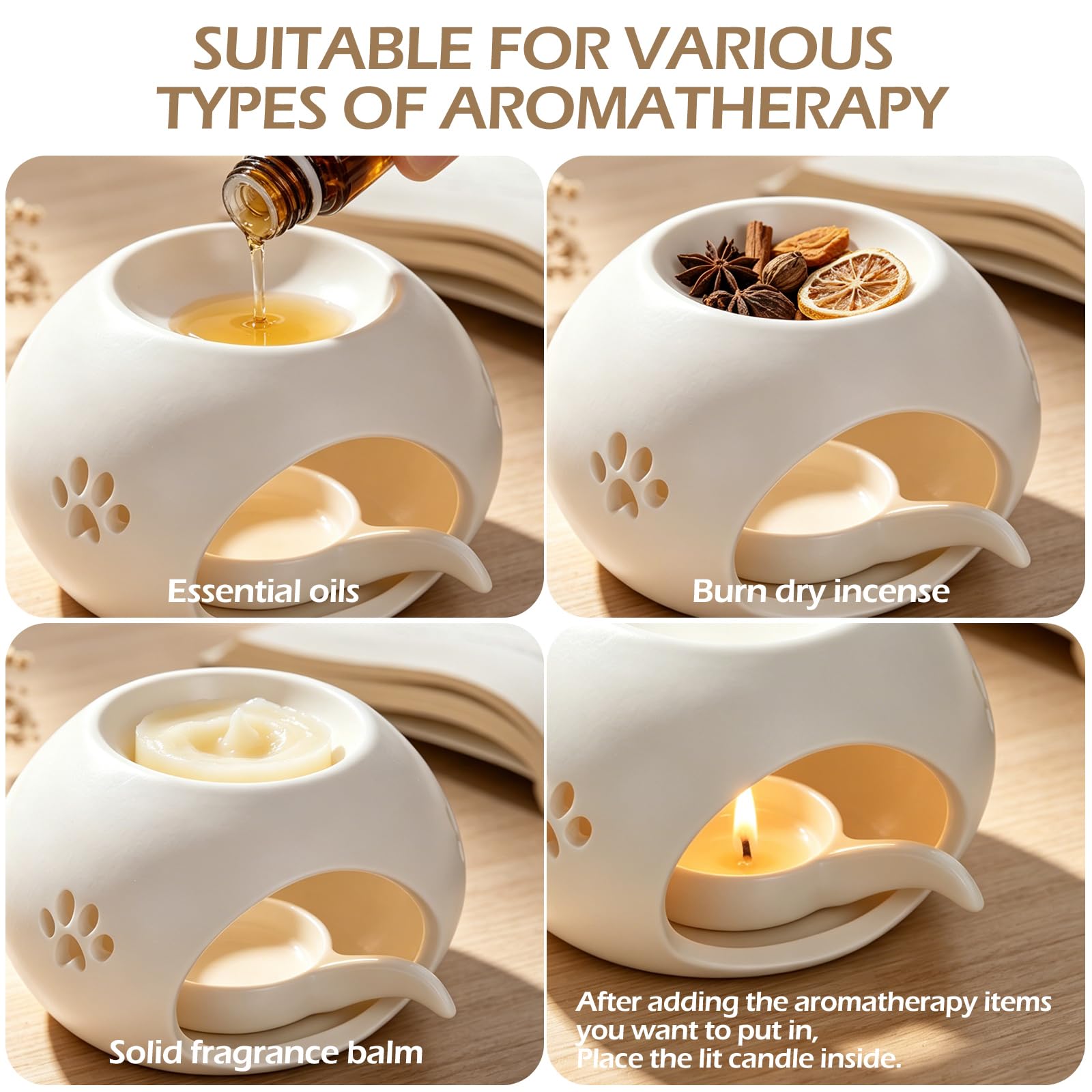 GeeRic Quemador de Vela de cerámica, quemadores de Aceite Esencial,Dispersión de Aroma para Dormitorios y Cuartos de Baño, Lámparas Aromáticas Estilo Pata de Gato con Cuchara