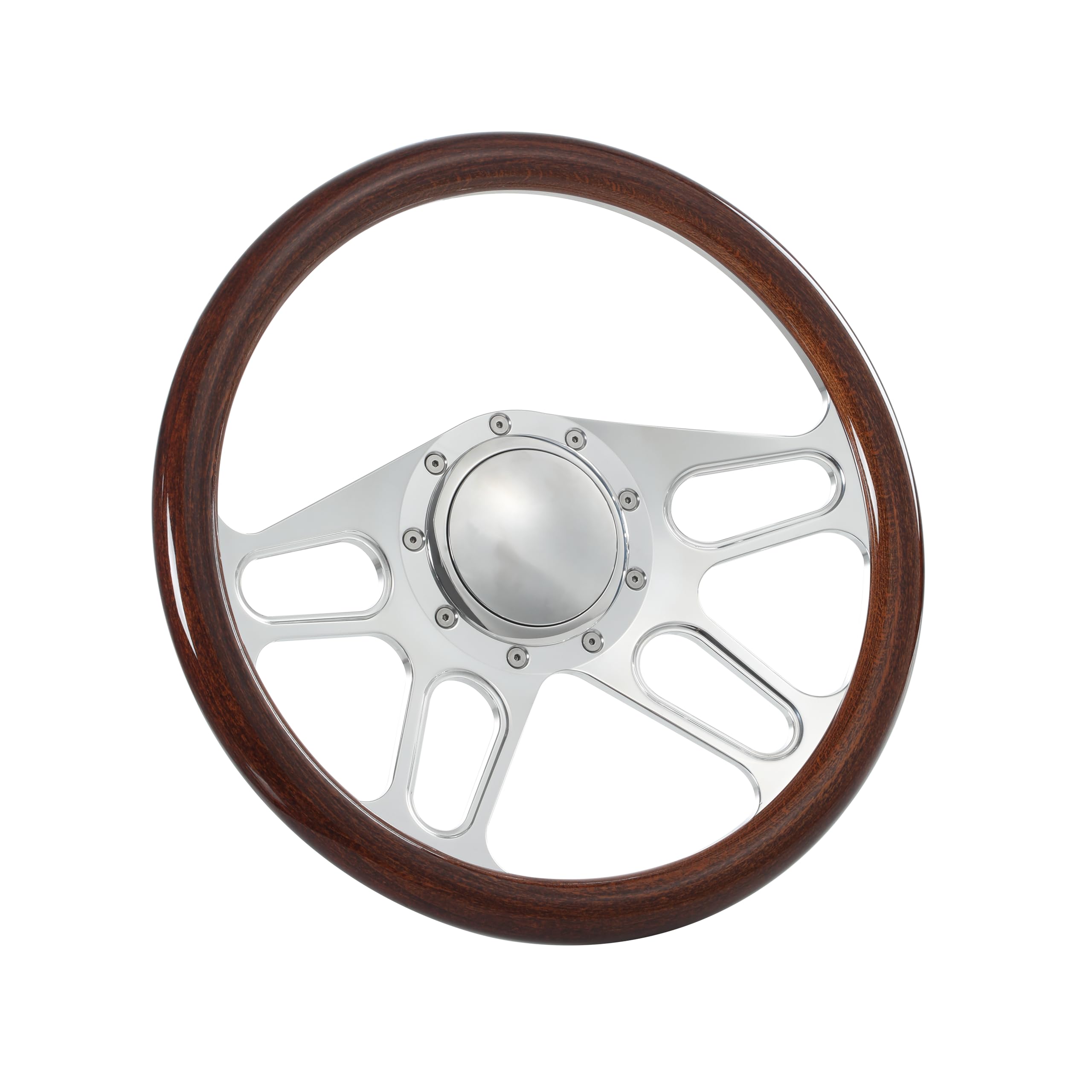 14'' Billet 4-Slot Half Wrap 9 Bolts Steering Wheel with 2'' Dish and Horn Button (Walnut Wood)