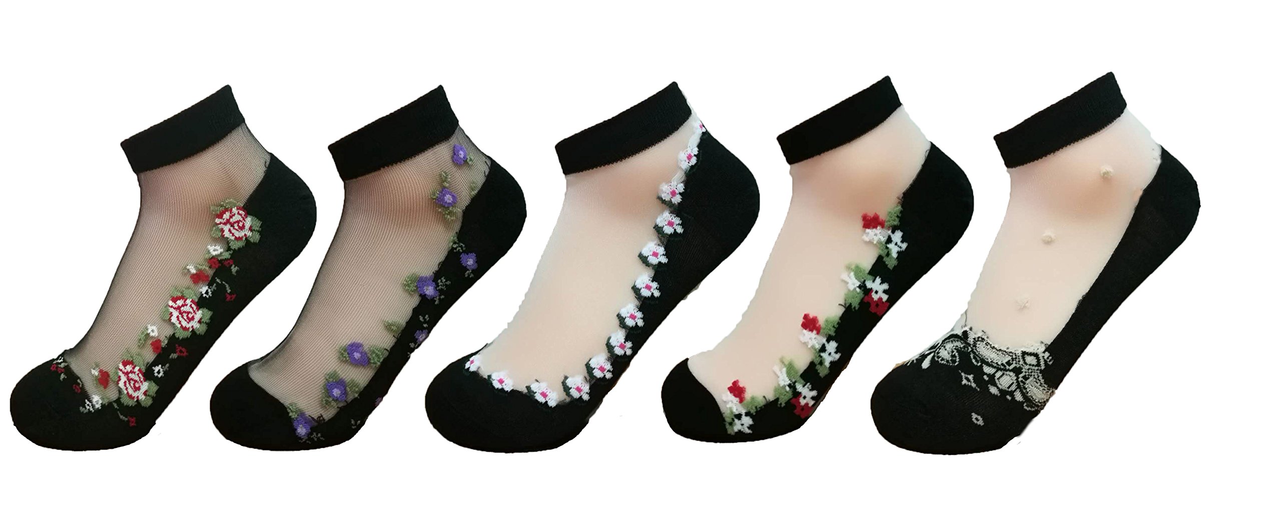 Ulalaza Women's Q Presox Sheer Transparent Lace Embroidery Panel Crystal Bling-Bling Socks 5 Pack (Q)