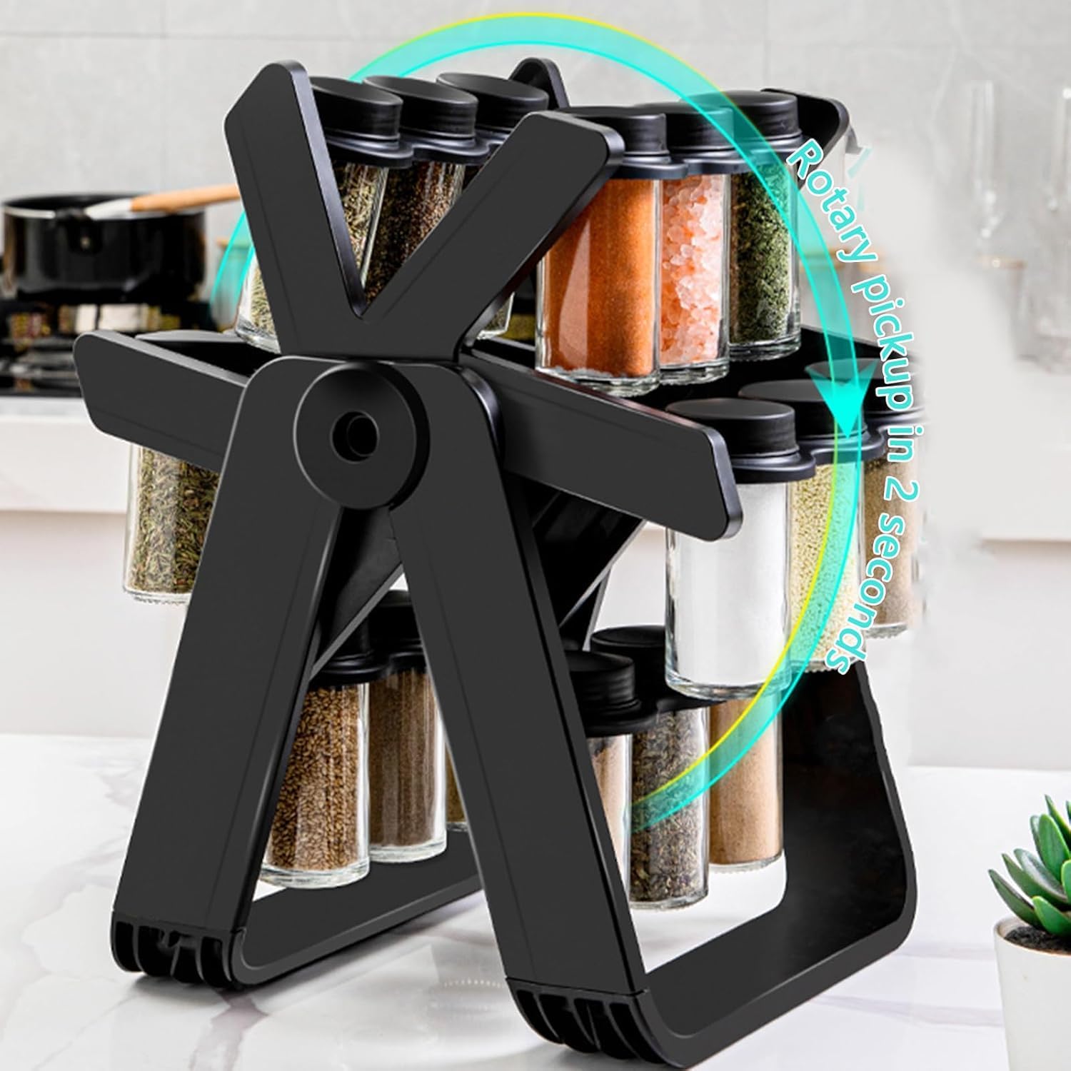 Organizador de especias giratorio de 360 grados, con rueda de la fortuna, estante para especias con 18 tarros de especias de cristal, organizador de especias para encimeras de cocina, armarios