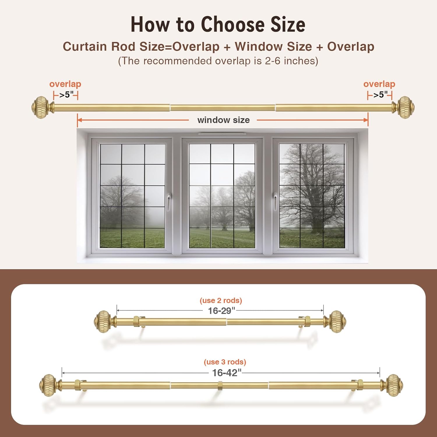 KNOBWELL 2 Pack Empyrean Grace Golden Curtain Rod, 22-42 in, Brass Single Rod with Ball Finials, 1" Single Rod Window Treatment Rods Drapery Rod