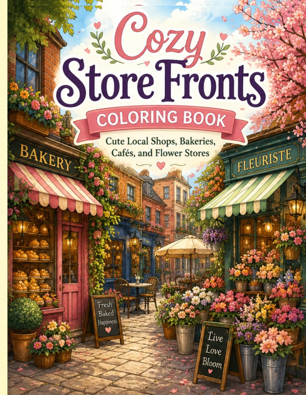 Cozy Store Fronts Coloring Book: Relax and Color Charming Local Shops, Bakeries, Cafés, Bookstores, Flower Shops, and Cozy Main Street Scenes