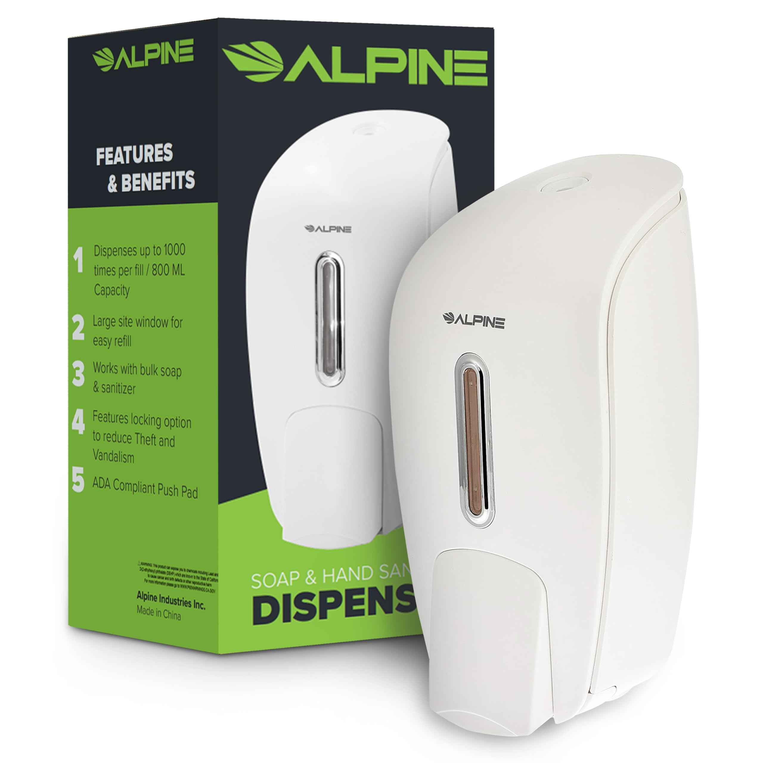 Alpine Manual Commercial Soap Dispenser Wall Mounted for Liquid Soap & Hand Sanitizer in Bathroom, Kitchen, Refillable Large 800 ml Capacity (White)