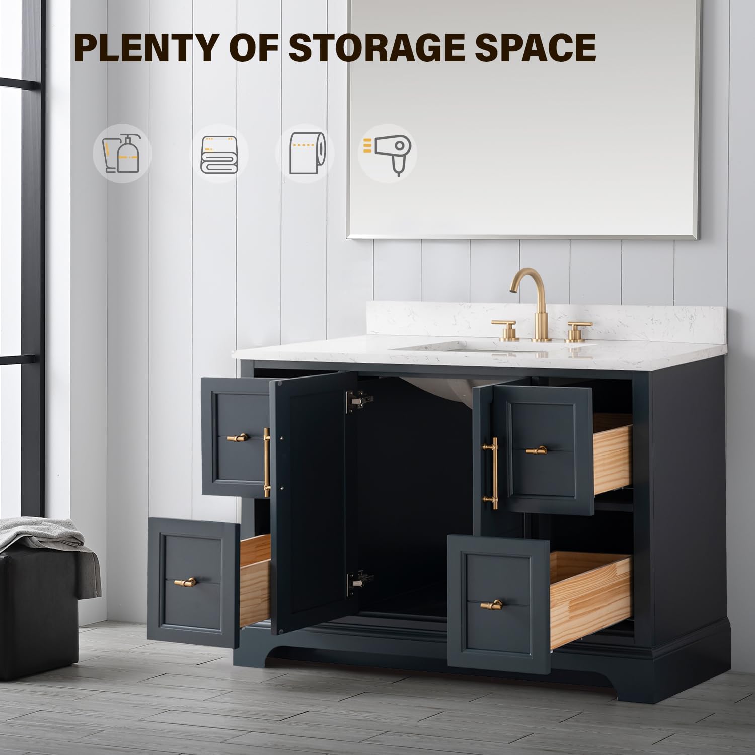 Vanity Art 48 Inch Single Sink Bathroom Vanity with Stone Top | Undermount Rectangular Sink Cabinet Soft Closing Doors, Dovetailed Drawers, No Mirror VA5048-VSB