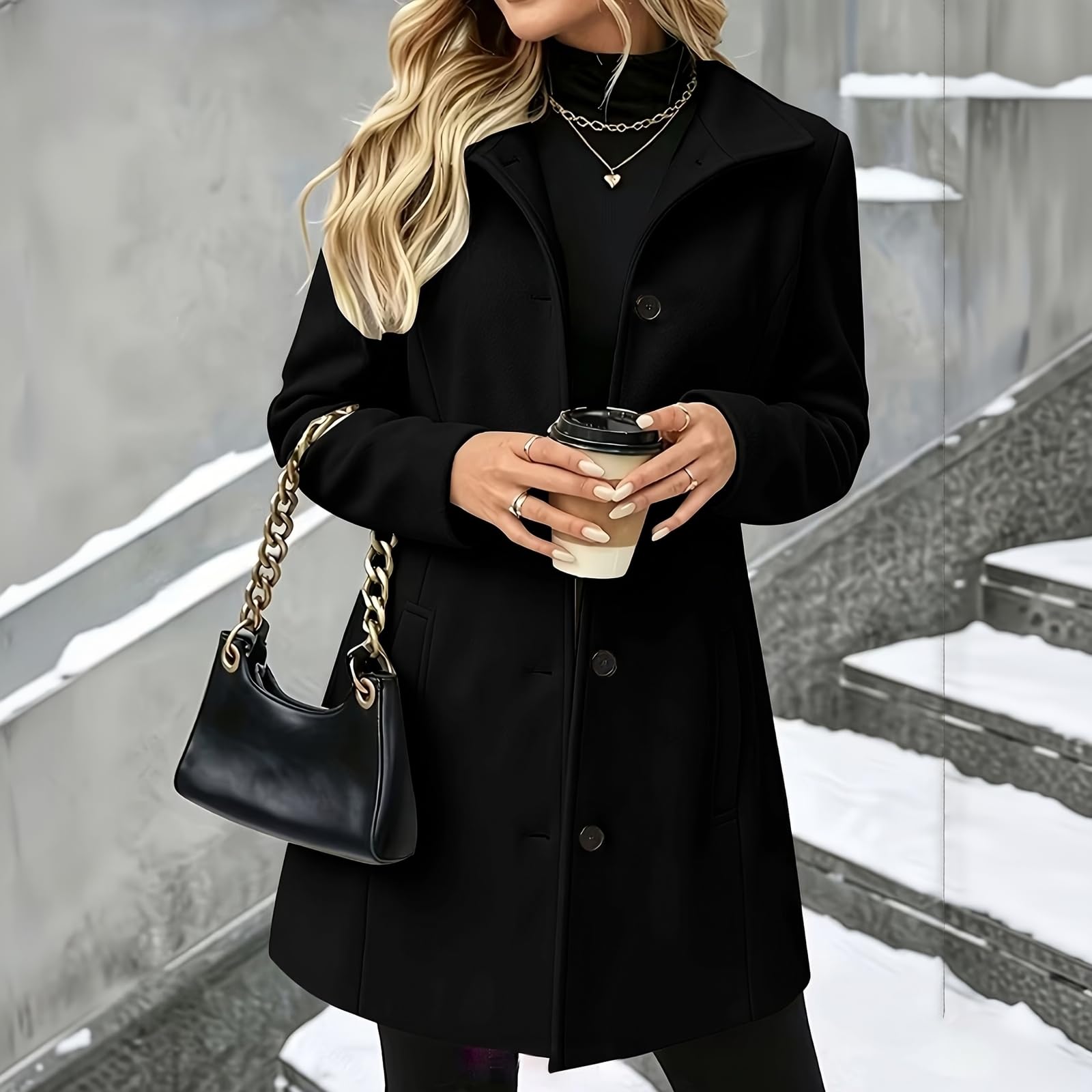 Generisch Wintermantel Damen Wolle Wollwalk Jacke Mittellang Coat Winddicht