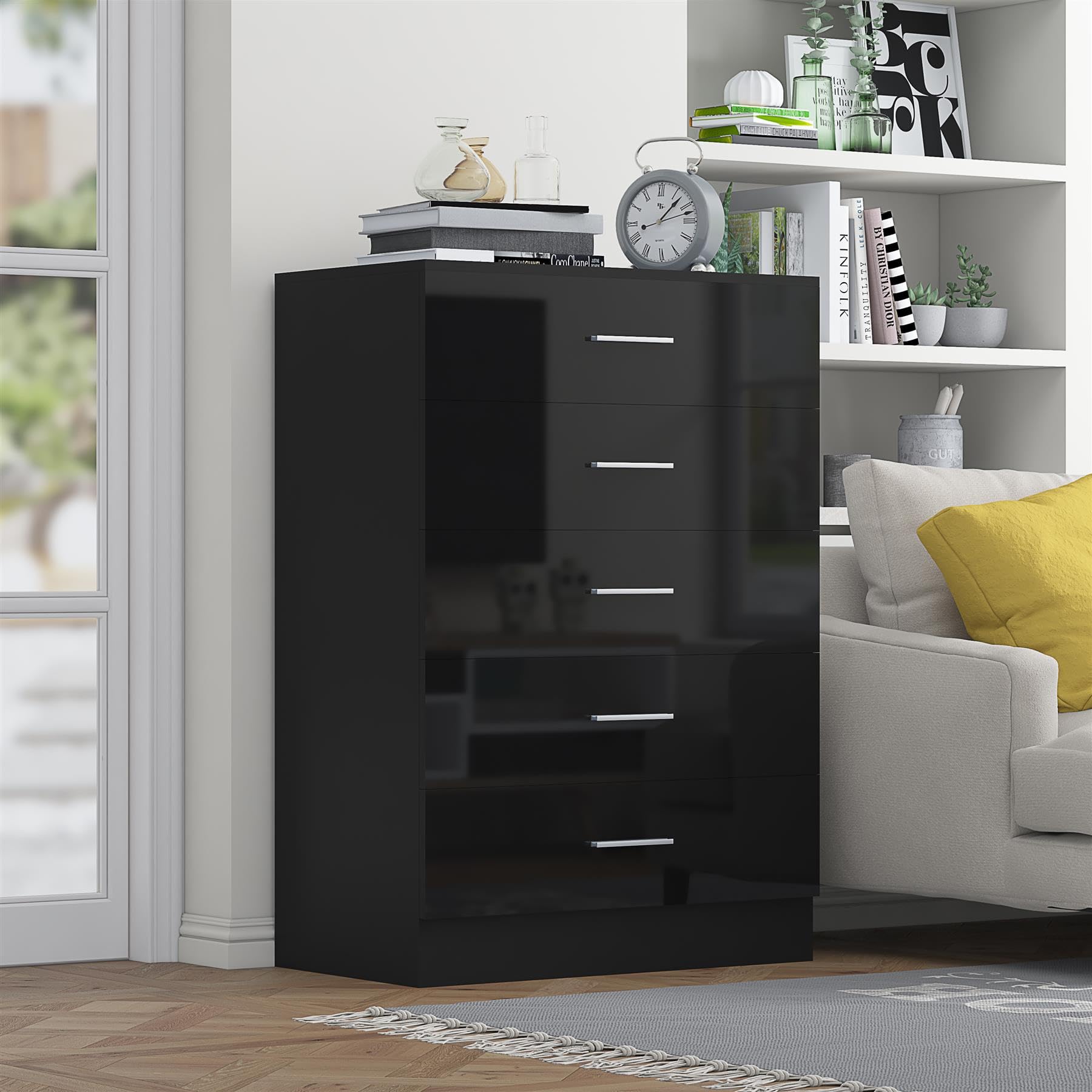 Reflect Tallboy 5 Drawer Chest | Black Gloss & Black Oak | Modern Vertical Bedroom Storage Unit | H: 100cm x W: 70cm x D: 40cm — image 1