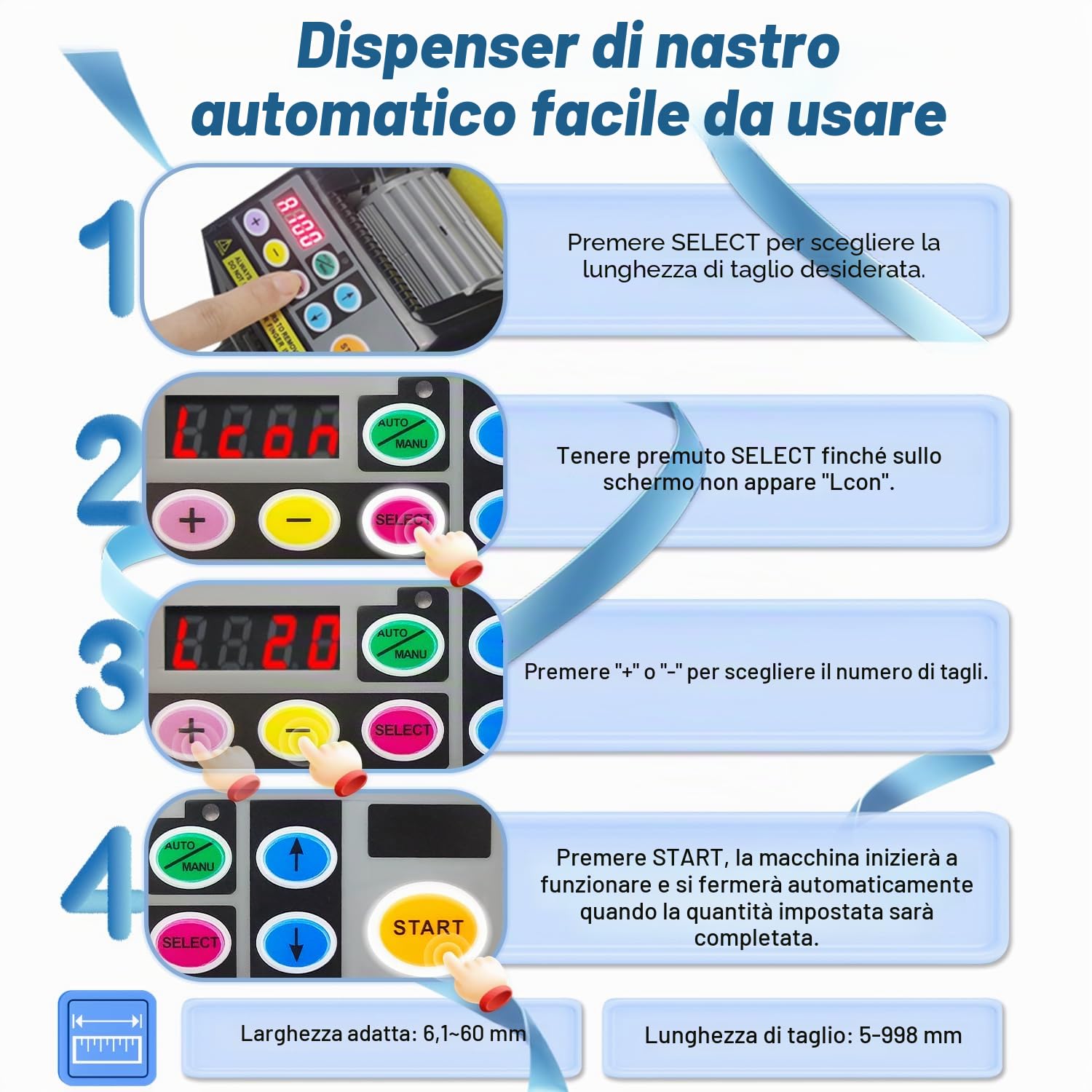 Distributore automatico di nastro, macchina da taglio manuale e automatica, macchina da taglio elettrica per nastro da imballaggio, larghezza 6-60 mm, lunghezza massima 999 mm, per ufficio, magazzino