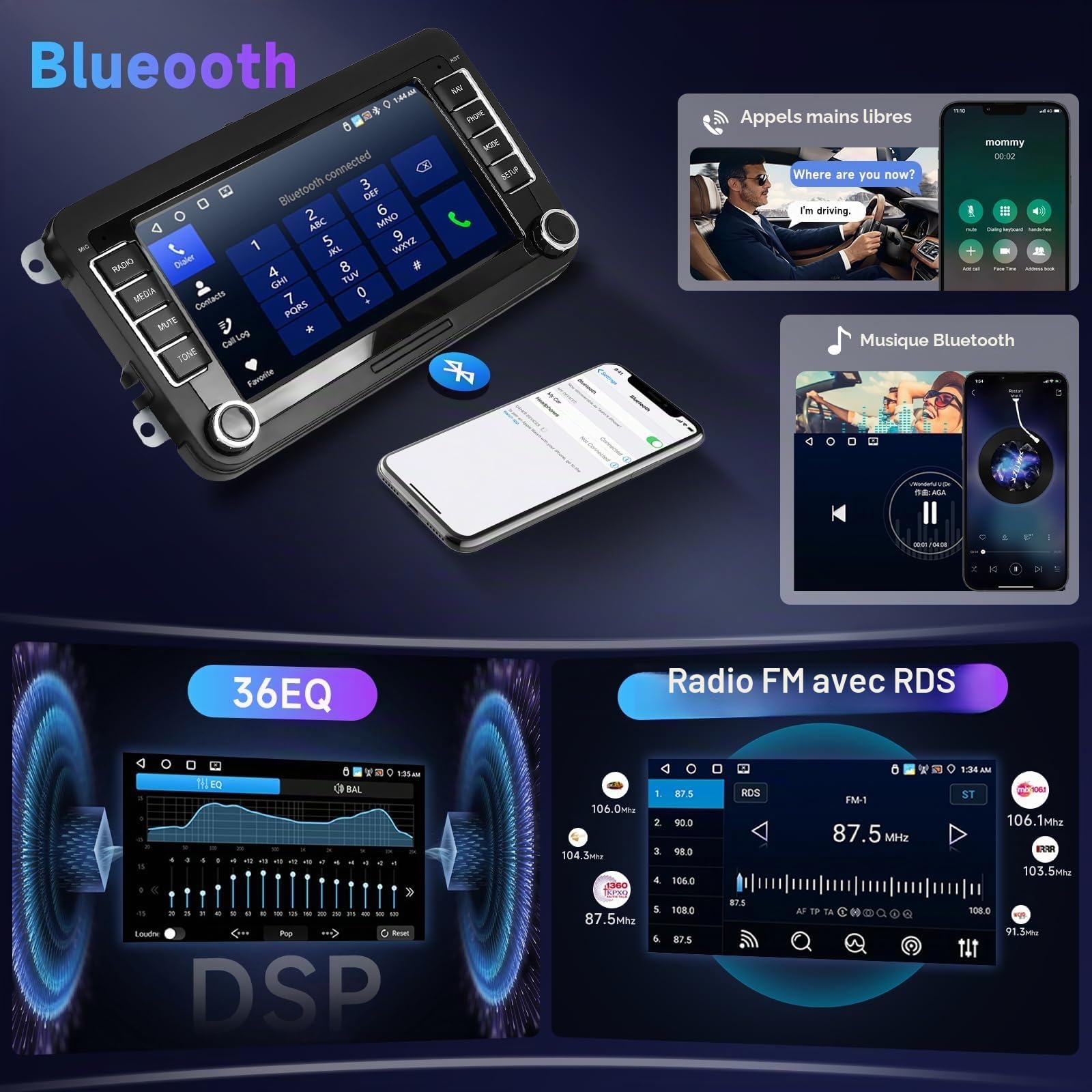 4G & 64G Autoradio 7" Bluetooth pour VW Golf 5 6 Polo Passat Skoda Touran Seat Carplay sans Fil Android Auto, WiFi GPS Navi HiFi RDS/Radio FM 2 DIN avec caméra de recul AHD/DVR/Canbus