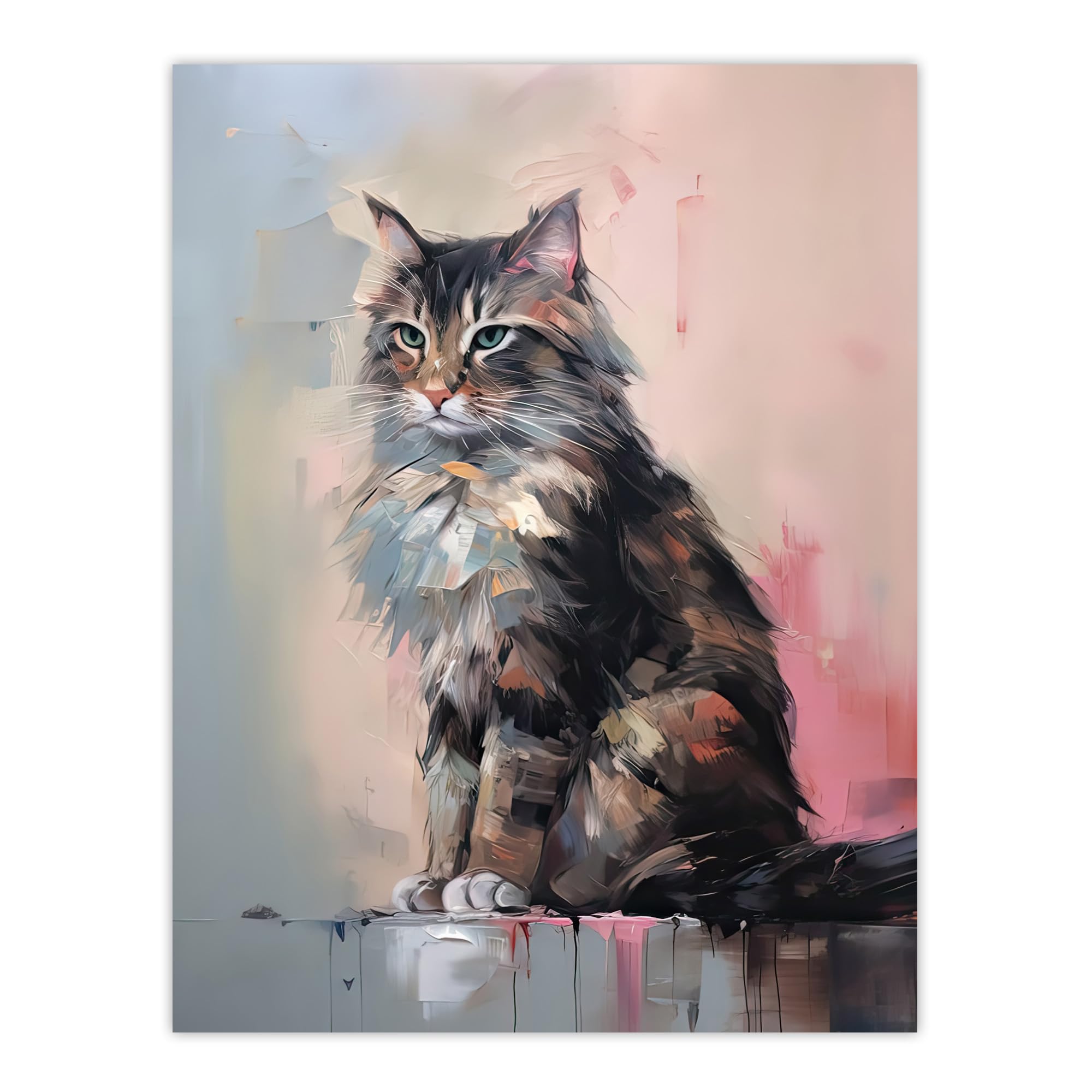 Artery8 Norwegian Forest Cat Perched on Wall Oil Painting Grey Pink Brown Elegant Pet Portrait Extra Large XL Wall Art Poster Print