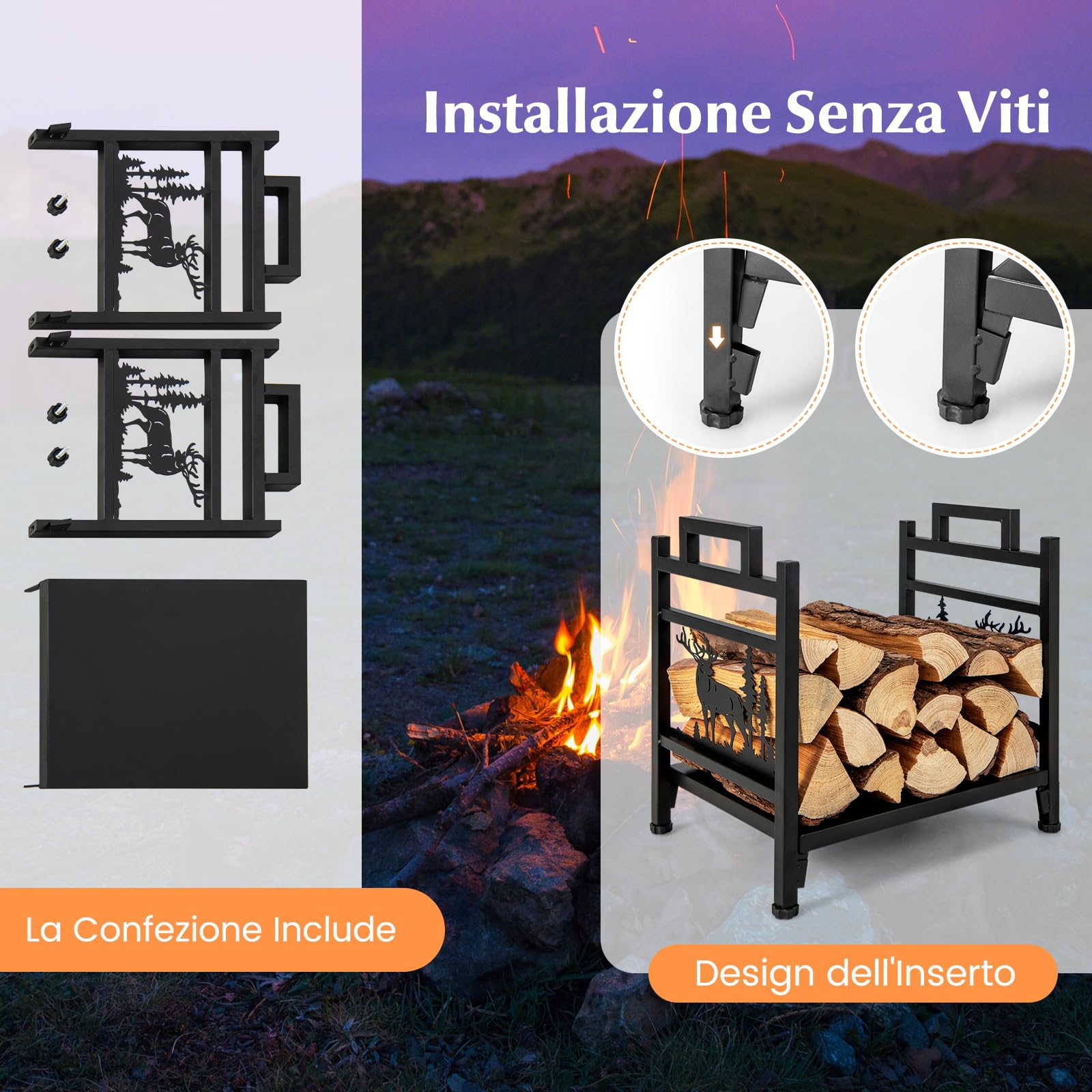 COSTWAY Porta Legna in Metallo, Portalegna con Doppia Impugnatura, Base Solida e Motivi Adorabili di Cervi e Alberi, Legnaia da Interno Esterno, Installazione Senza Attrezzi, Portata 60 kg