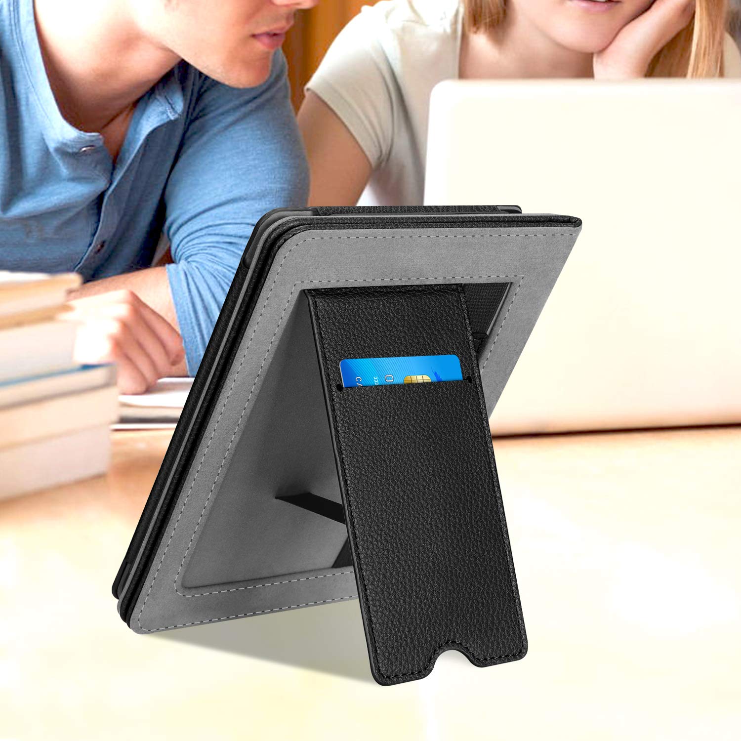 FINTIE Custodia per Kindle Paperwhite 6" 10ª Generazione 2018 2012-2017 PU Stand Cover con Card Slot Hand Strap Auto Sveglia Sonno Nero