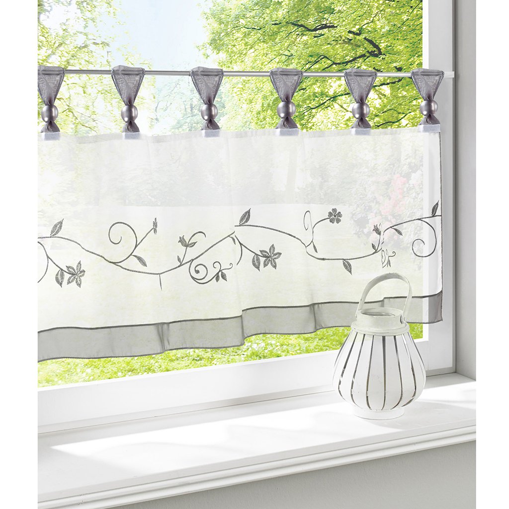 SIMPVALE 1 Piece Cafe Curtain with Flower Embroidered Valance with Tab-top Short Net Curtain for Kitchen, Grey, 145x60cm