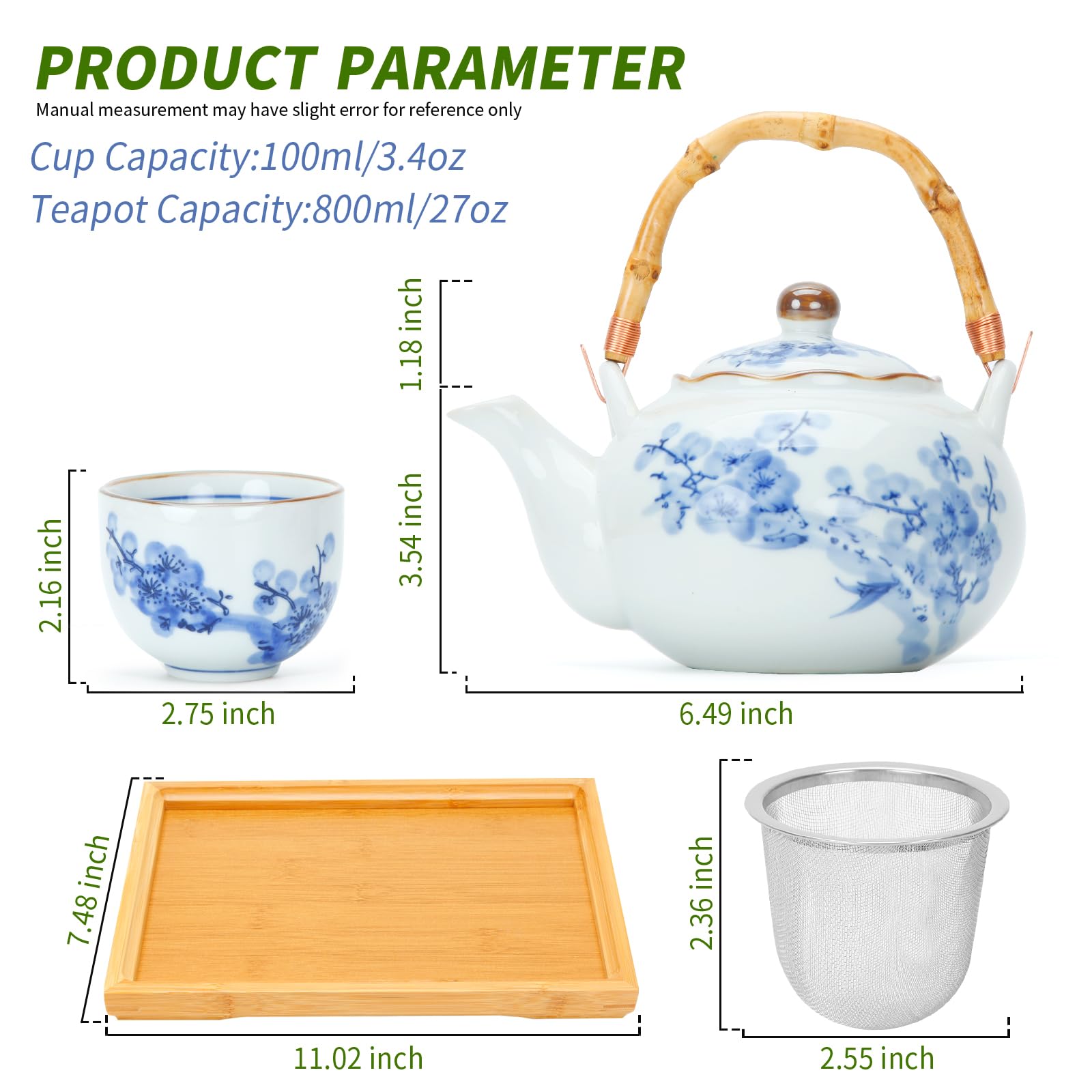 Juego de té japonés de porcelana con tetera y taza de té para 4, juegos de té azul y blanco para adultos con infusor de acero inoxidable y bandeja de bambú, juego de té asiático para amantes del té,