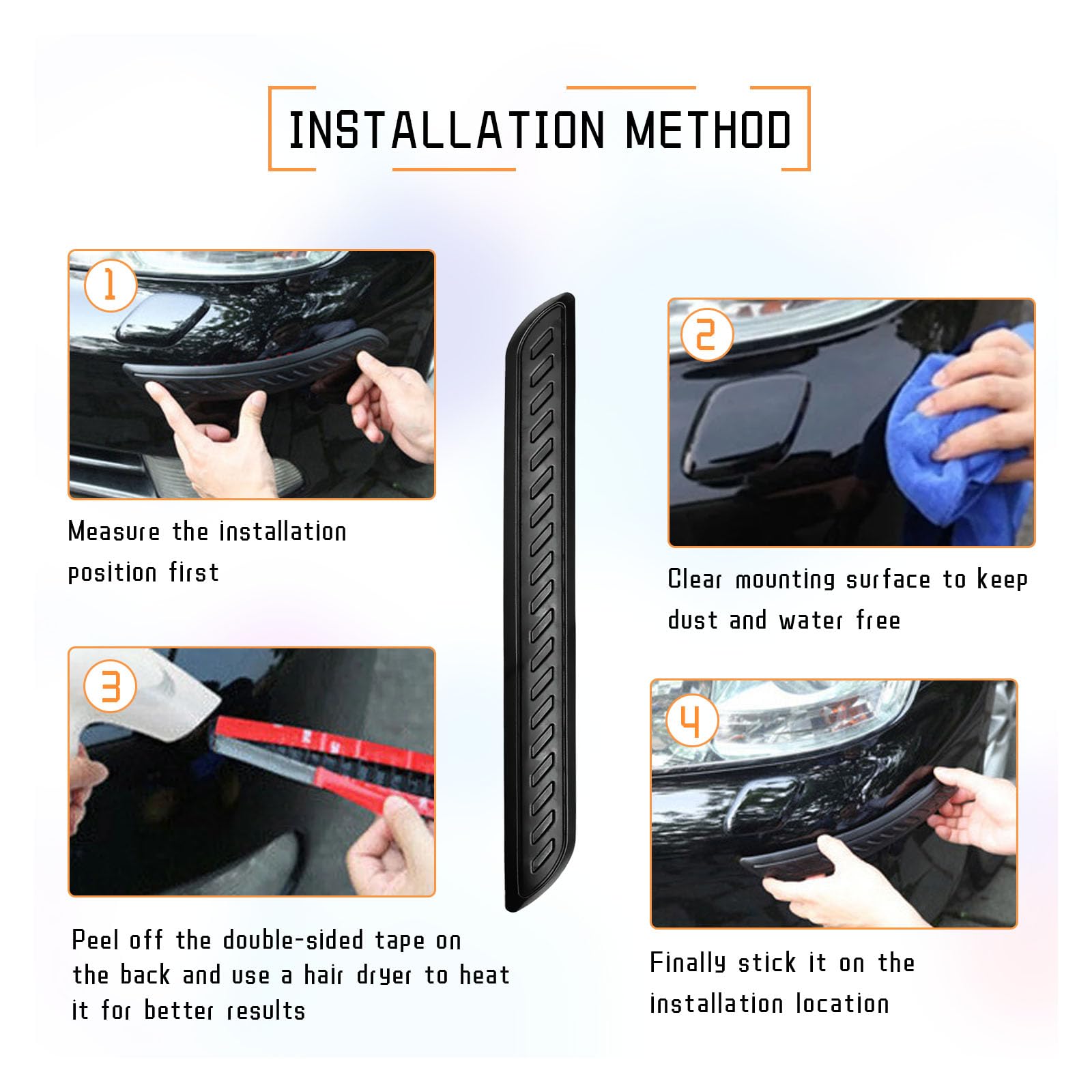 2 PCS Car Bumper Anti-Scratch Strips, Front and Rear Corner Bumper Guard Protector, Auto Rubber Bumper Anti Collision Decorative Trim, Universal for Most Cars, SUVs, Trucks (Long, Black)