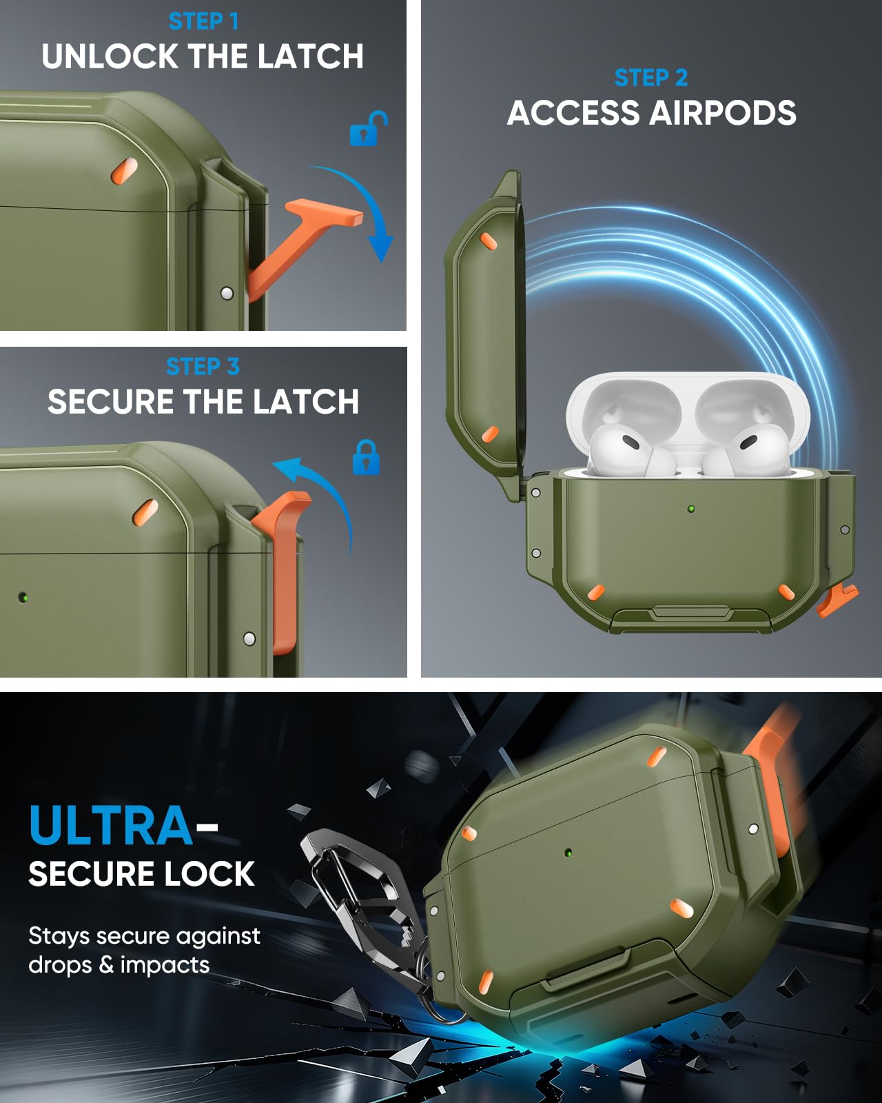 MoKo for AirPods Pro 3 Case with Secure Lock - IP68 Waterproof Case for iPods Pro 3, Military-Grade Protective Cover Earpods Pro 3 with Keychain, Phone Stand & Cleaner Kit, Green thumbnail 8