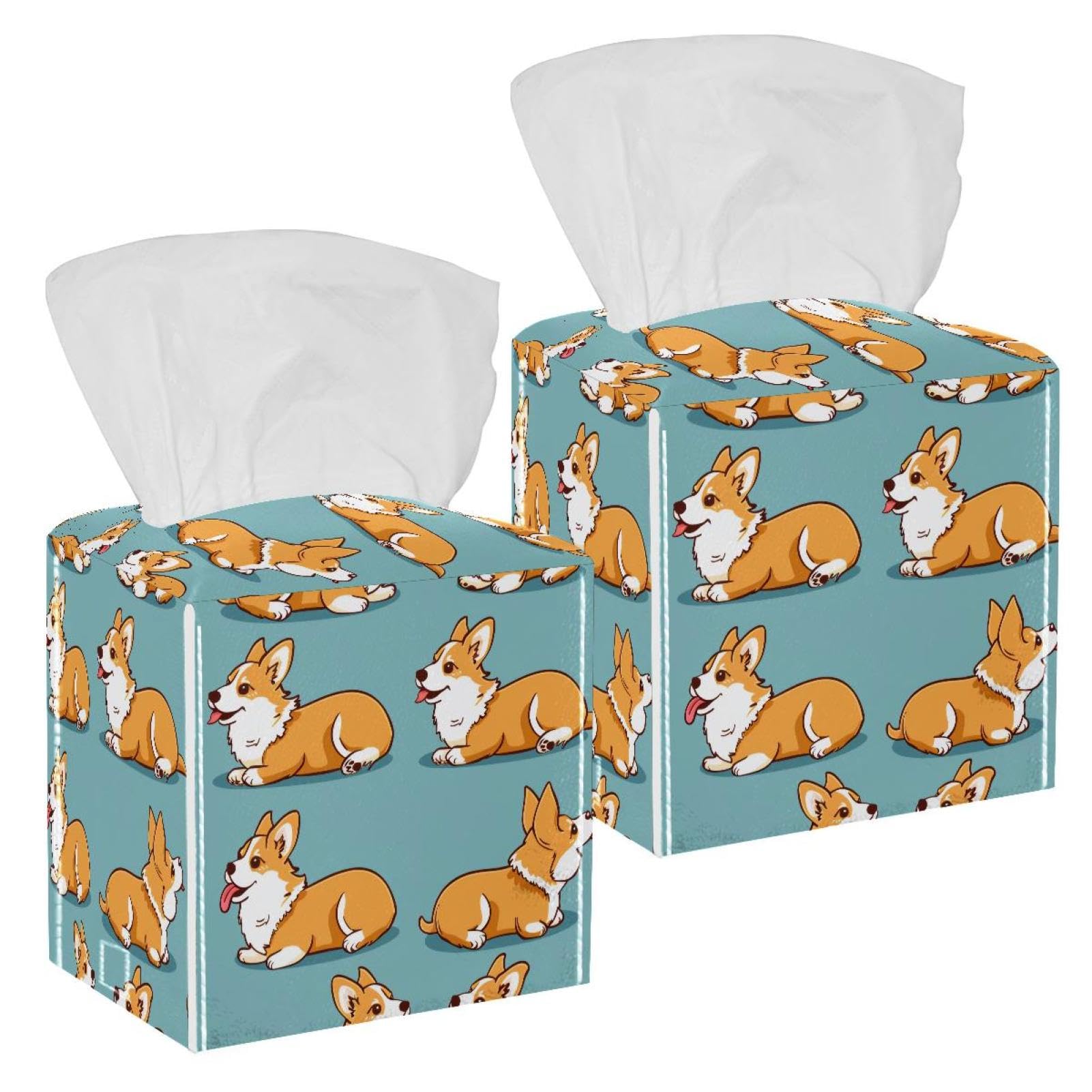 Corgi Dogs Tissue Box Cover, 2 Pack PU Leather Square Facial Tissue Dispenser Box holder for Home Office Car