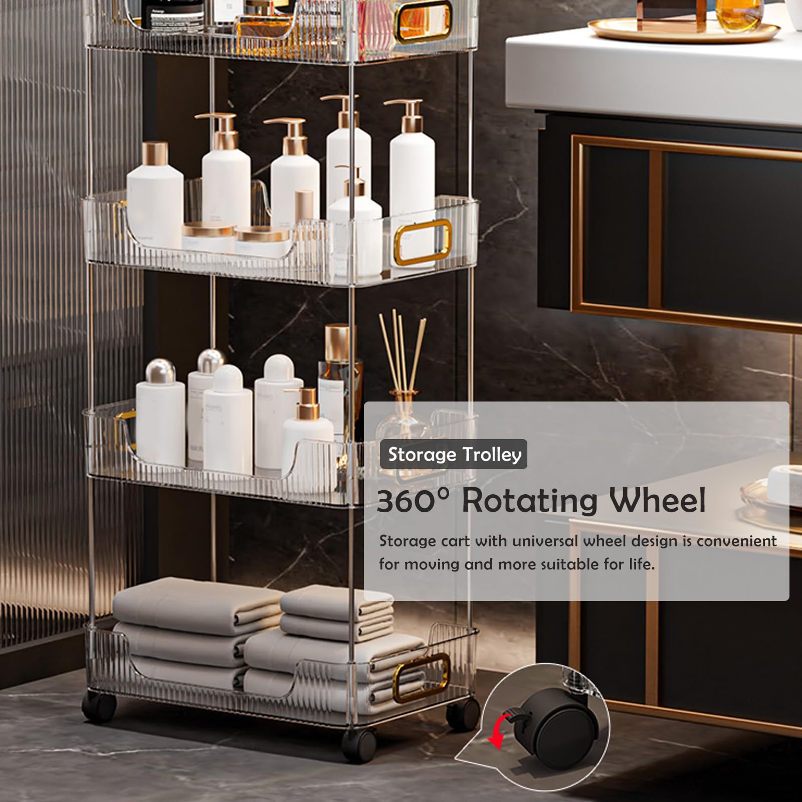 Carrello multiuso grigio a 4 ripiani con serratura in acrilico per cucina e bagno, scaffale multifunzionale per soggiorno e ufficio, facile mobilità