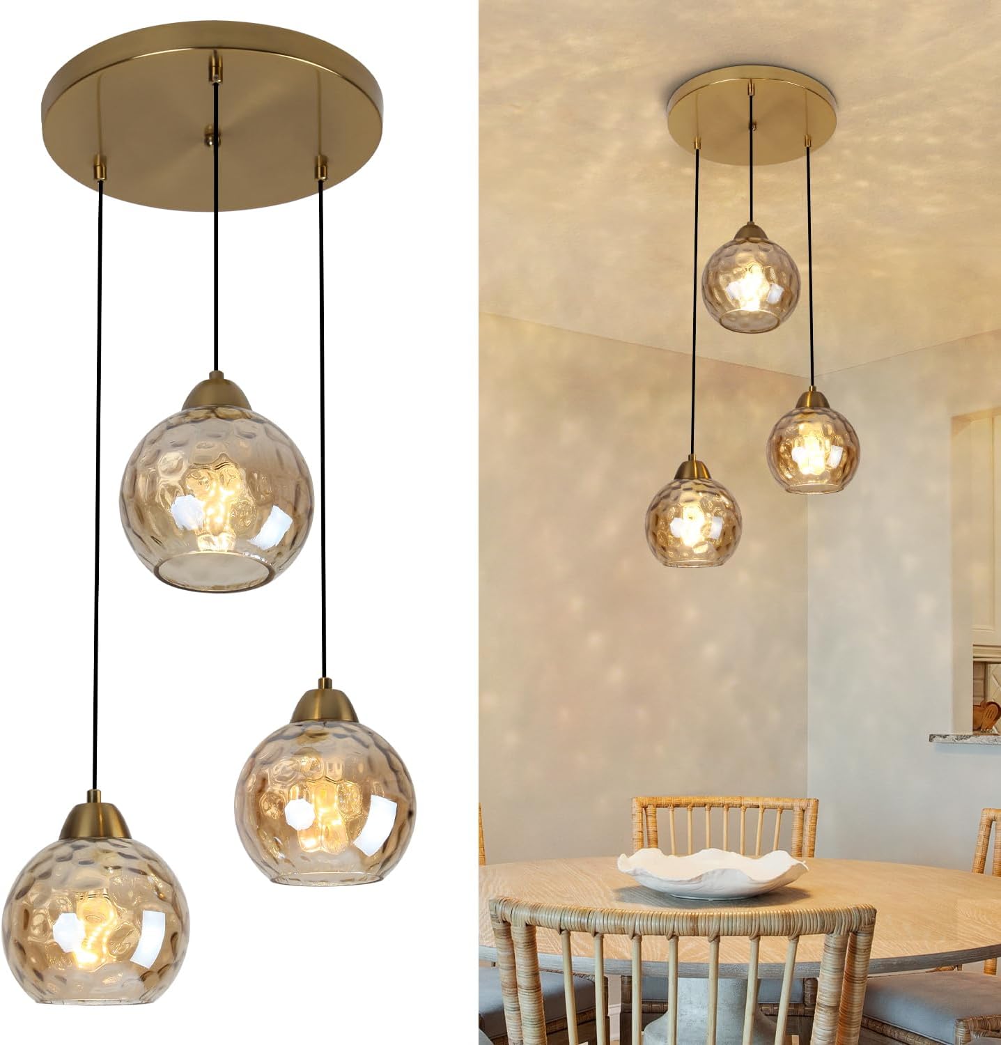 3-Light Cluster Pendant Light with Amber Hammered Glass Modern Globe Dining Room Chandeliers for Kitchen Island Living Room Bedroom, Brass