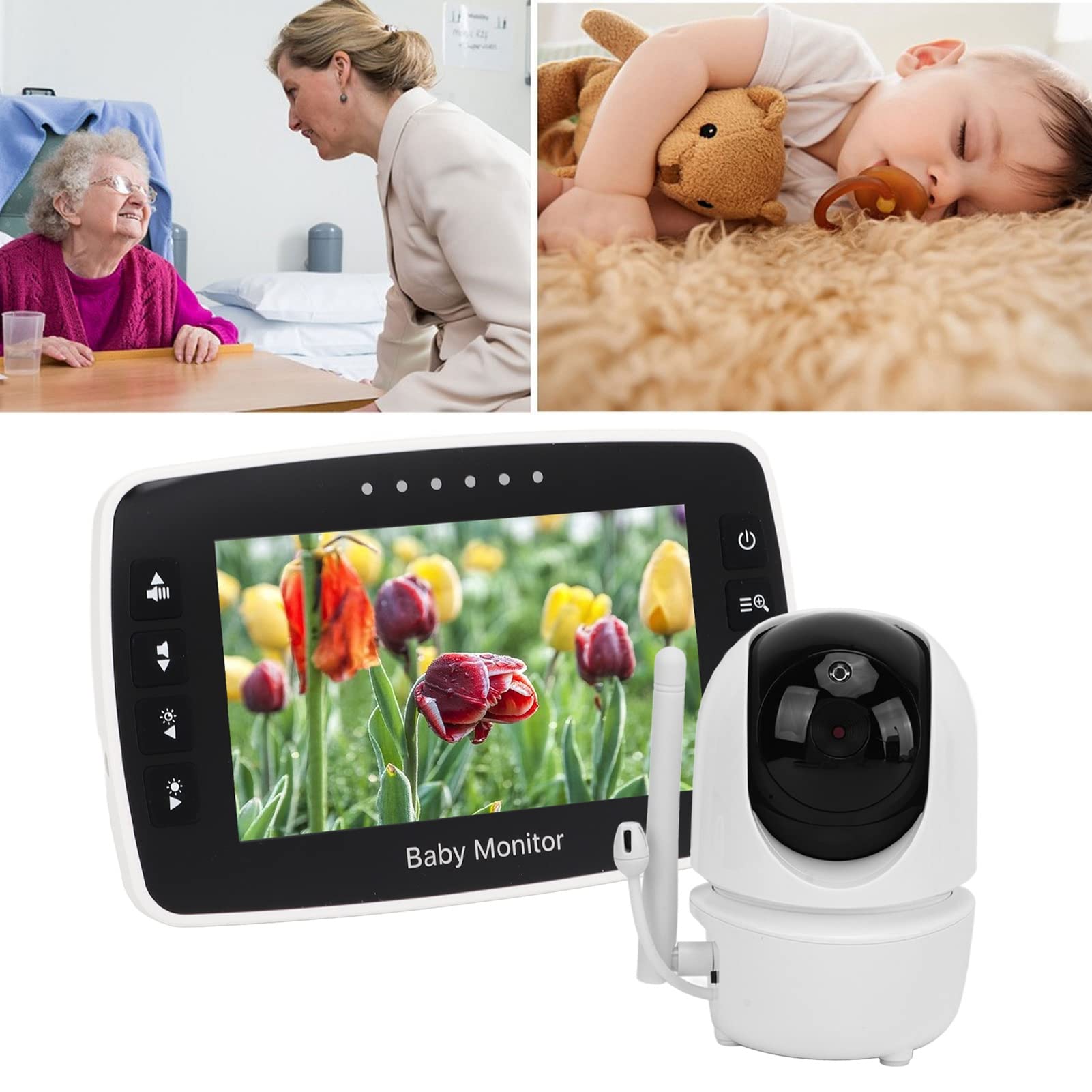 Hosie Monitor de bebé Inalámbrico, Intercomunicador Giratorio Bidireccional, Monitor de bebé de Visión Nocturna Infrarroja de 100‑240 V para Dormitorio (Enchufe de la UE)
