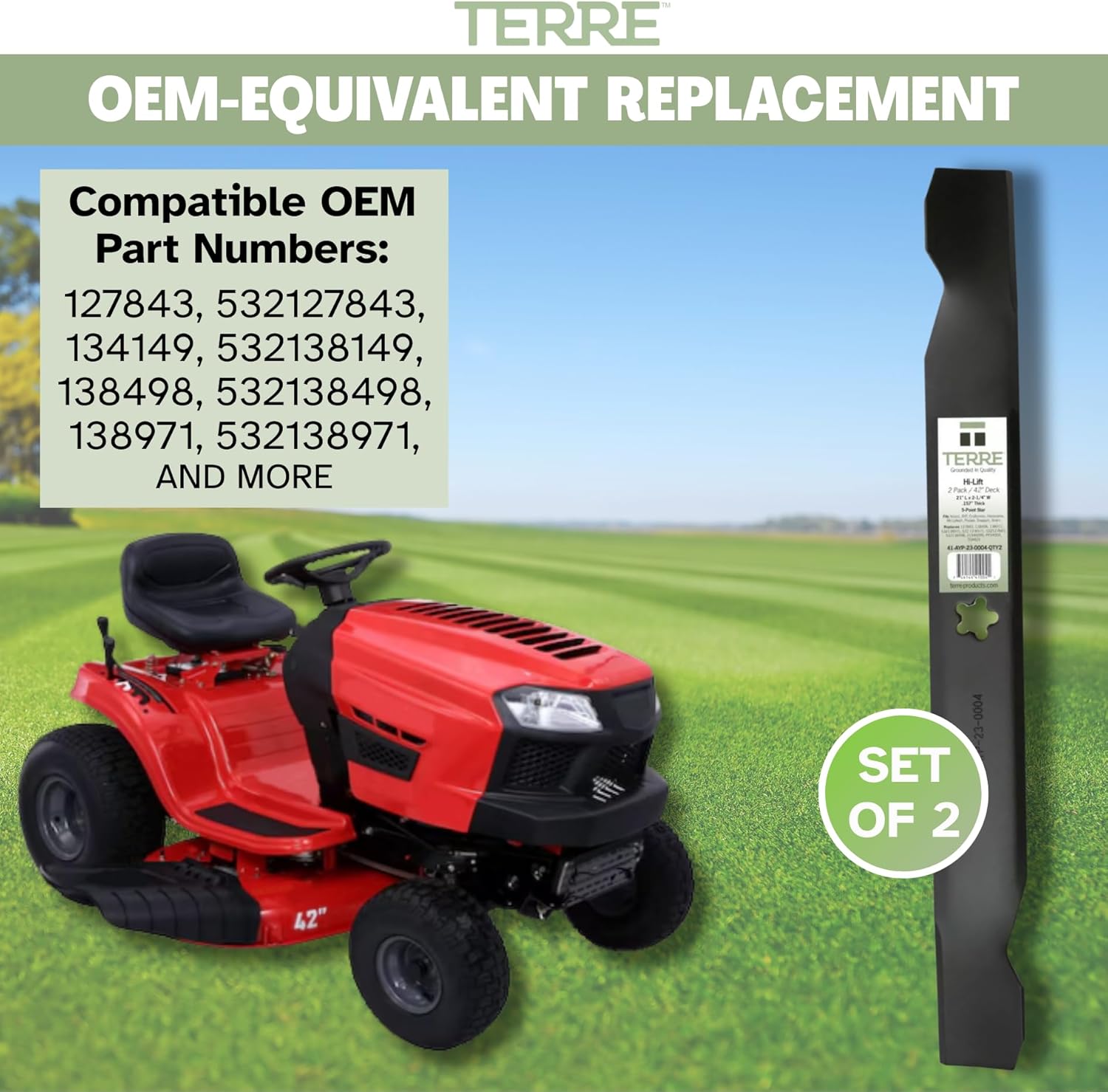 Terre Products, 2 Pack High Lift Lawn Mower Blades, 42 Inch Deck, Compatible with Craftsman LT1000, Ariens, Husqvarna, Poulan, Snapper, Sears, Replacement for 138971, 134149, 138498, 532138971