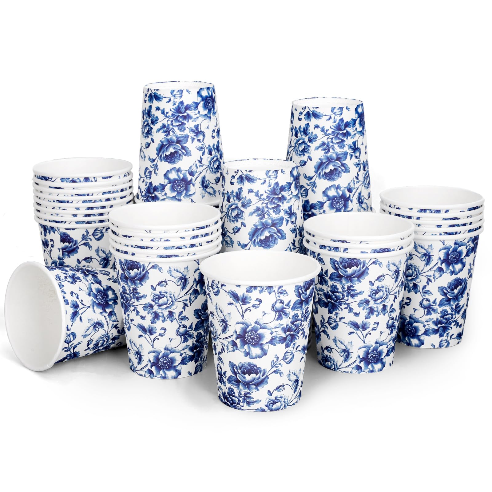 50 Pcs Blue White Floral Paper Cups Chinoiserie Flower Disposable Cups for Hot Cold Drinks Wedding Birthday Holiday Party Table Supplies, 9 Oz