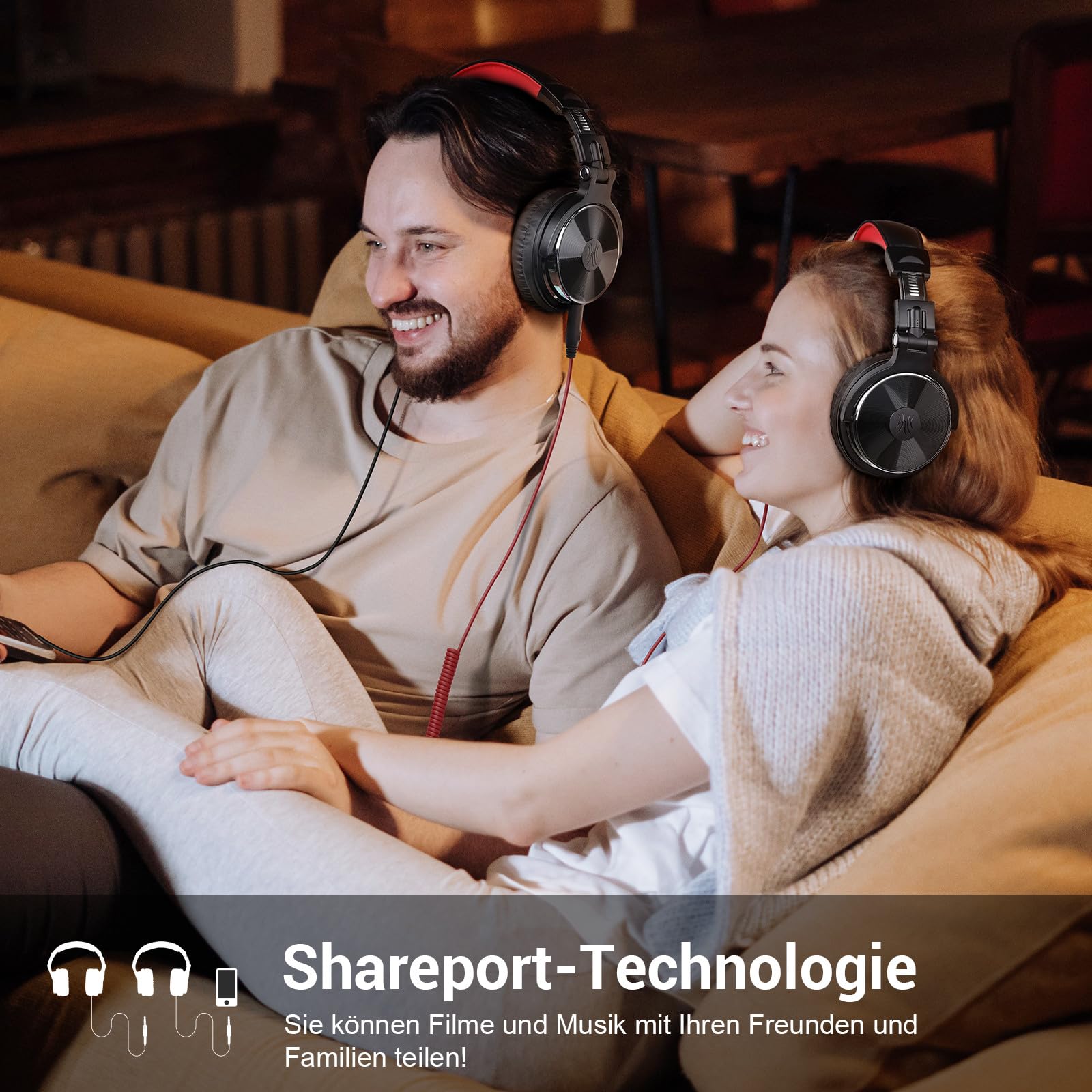 OneOdio Casque Audio Filaire DJ Piano Guitare avec Micro, Hi-Res Audio Extra Basse Son, Léger Confort Pliable Casques avec Share-Port, 2 câbles - Headphone pour PC Studio Monitor AMP Pro-10(Rouge)