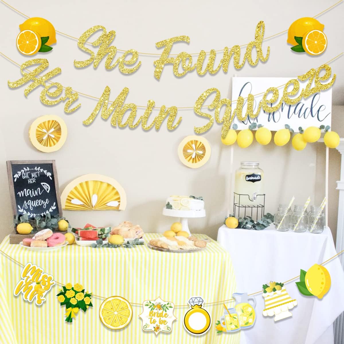 Lemonade Bridal Shower Decoration Gold Glitter She Found Her Main Squeeze Banner Garland for Lemon Citrus Lemonade Theme Bride to Be Bachelorette Wedding Engagement Party Supplies image 3