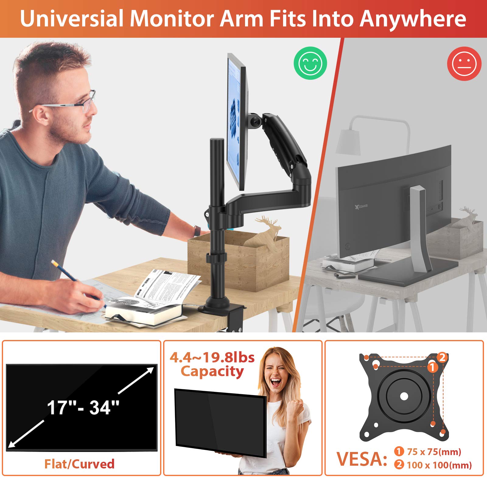 ErGear Single Monitor Mount Arm, Adjustable Gas Spring Monitor Desk