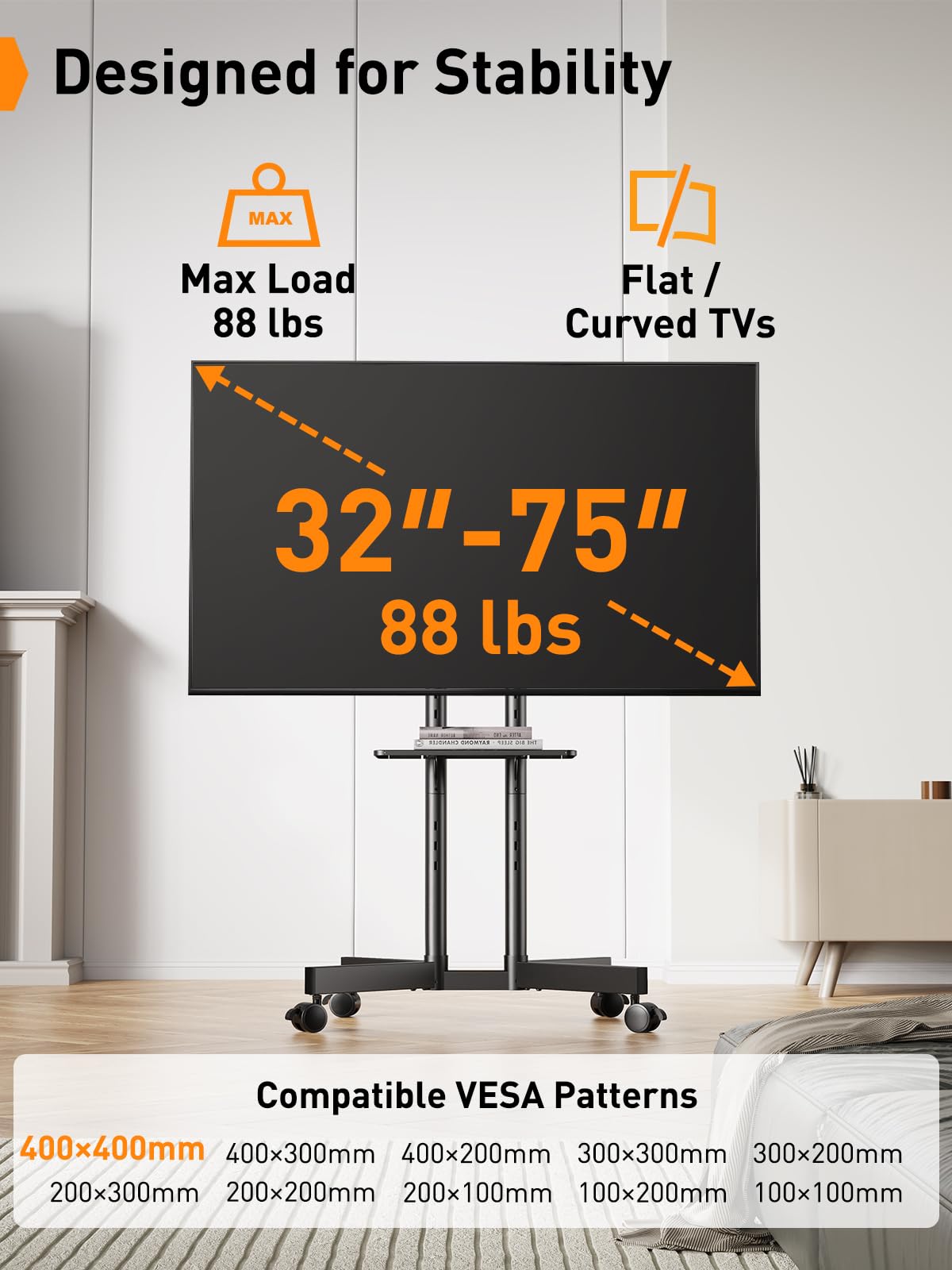 Perlegear PGTVMC14 - Supporto TV mobile con ruote per TV da 32 a 70 pollici, carrello per TV mobile regolabile in altezza con inclinazione da -15° a +5°, supporto TV da esterno per TV 4K max VESA 400