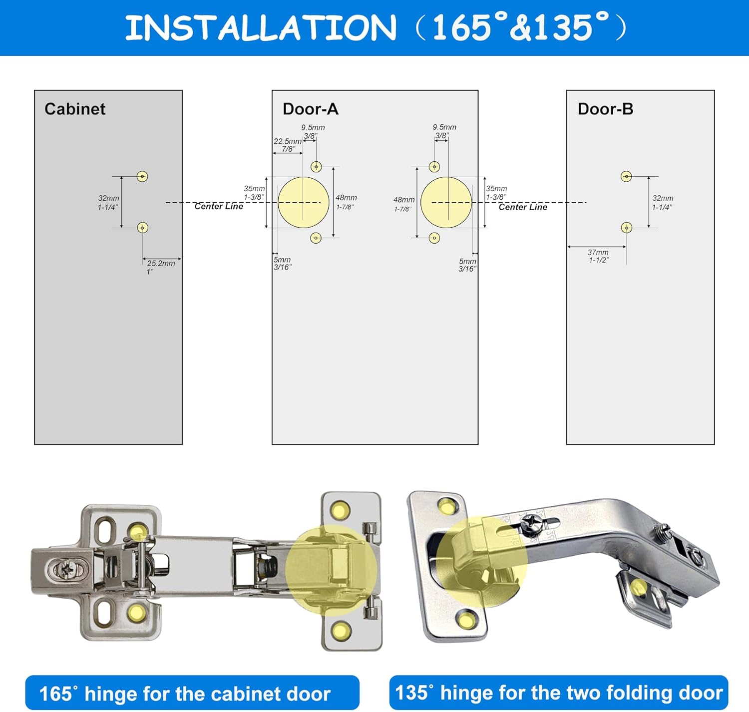 2Pair 165° & 135° Soft Close Cabinet Hinges for Lazy Susan Bifold Doors,Double Door, Frameless Self Closing, Clip On, Corner Cabinet Hinge,Hidden Hinges for Cabinet Doors