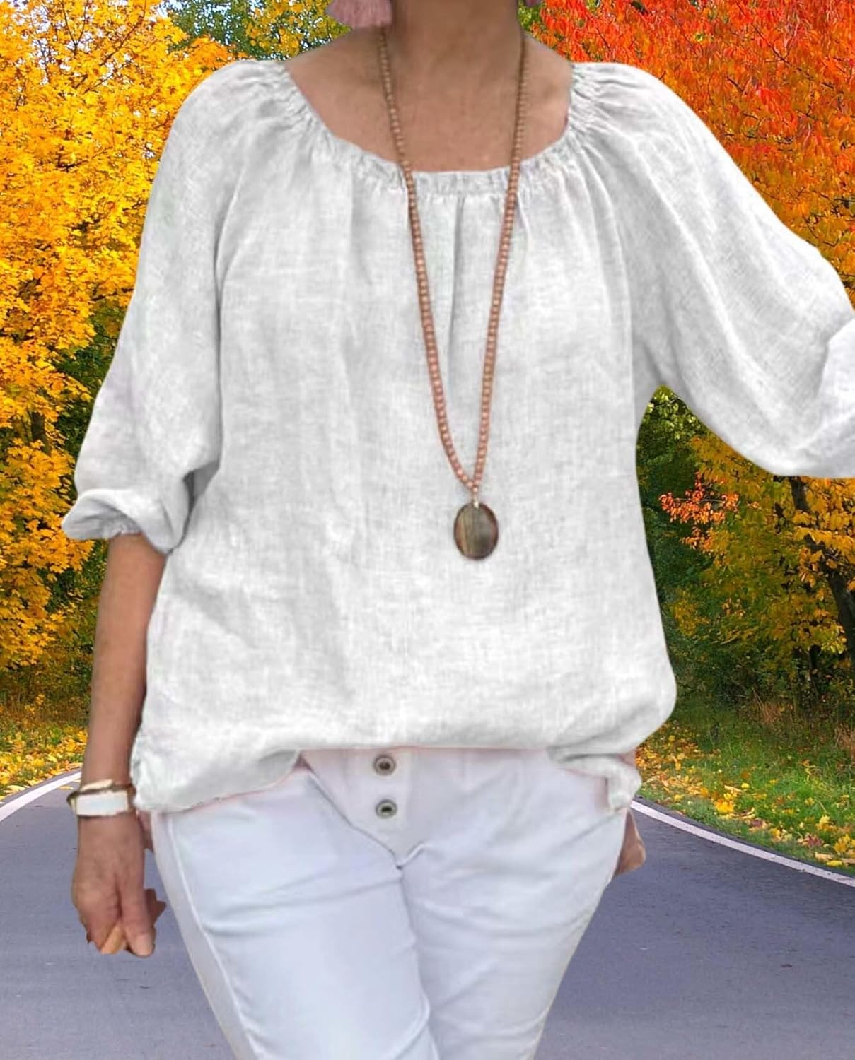 Summer Casual Womens Linen Shirt Round Neck Half Sleeve Linen Loose Pleated Tops Fashion Blouse T Shirt - Image 6