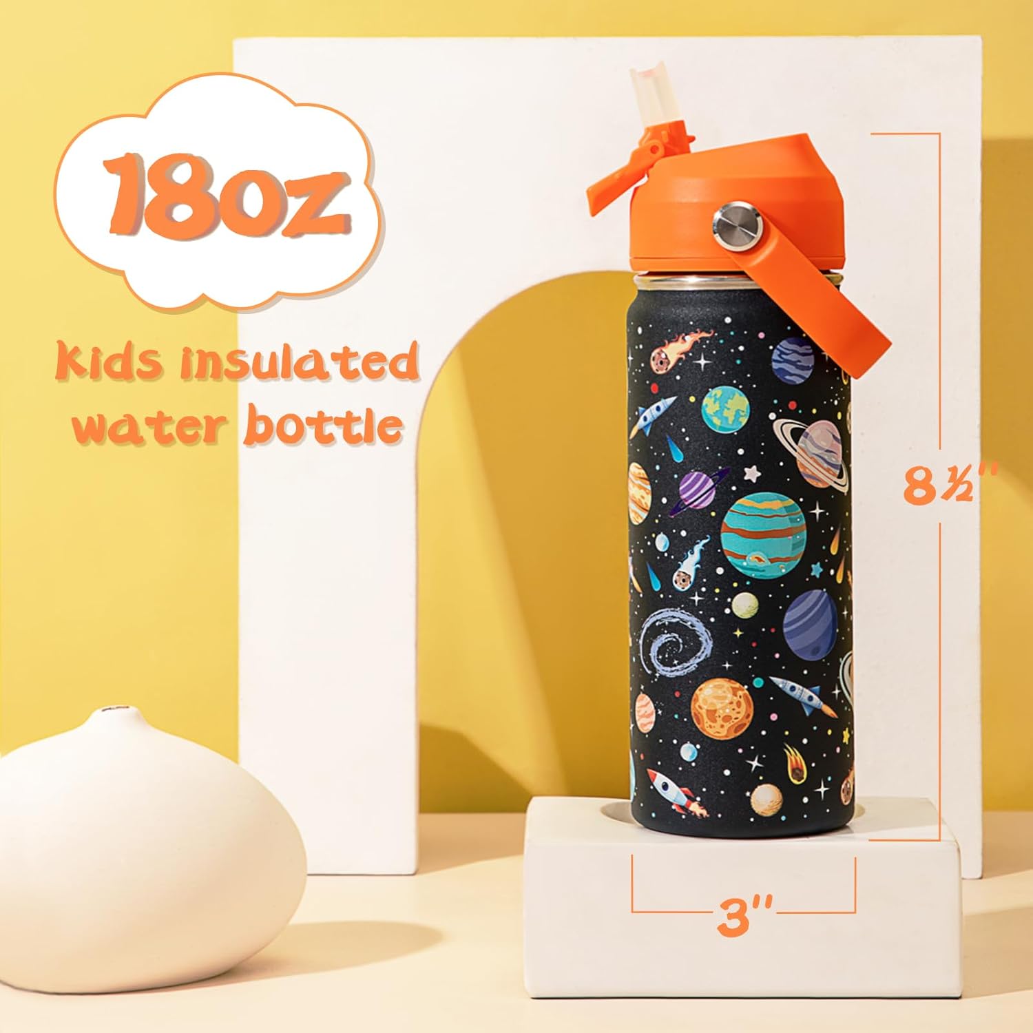 18oz Kids Insulated Water Bottle with Straw Lid - 18/8 Stainless Steel Kid Cup BPA-FREE Travel Tumbler Double Wall Vacuum Leak Proof Portable Toddler Water Bottle (Space) - Image 3