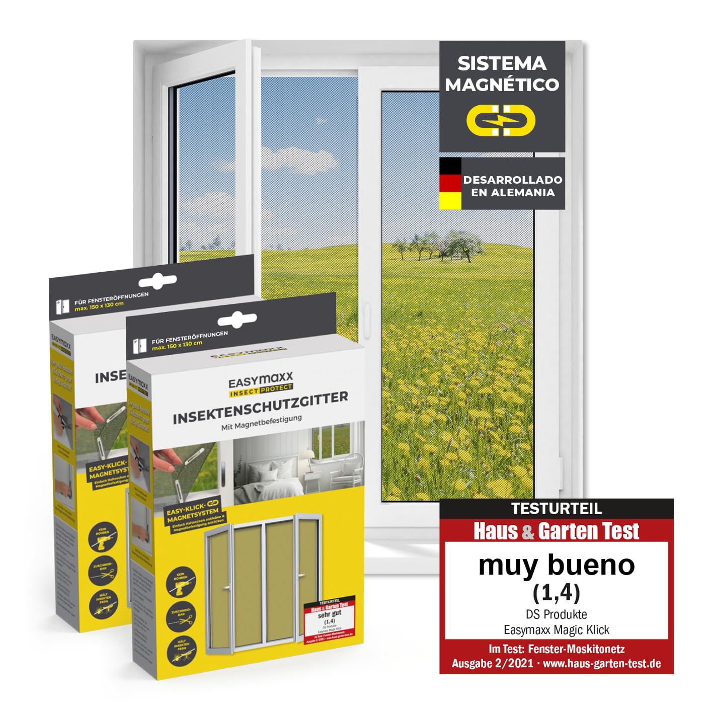 EASYmaxx Mosquitera para ventanas con Magic Click | Cortada a medida para todas las ventanas de hasta 150 x 130 cm | Fácil instalación con 12 imanes - sin taladrar ni atornillar [2 Piezas] en oferta en Amazon