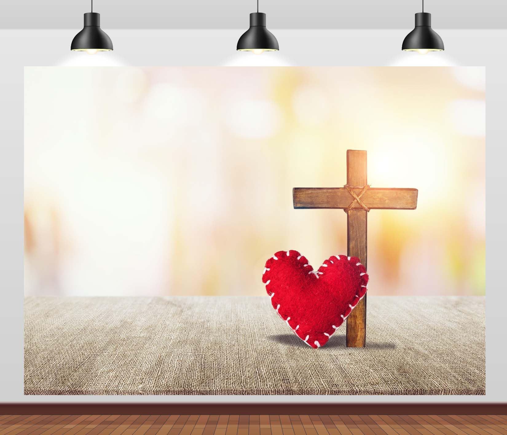 BELECO 3.6x3m Telo sfondo croce di legno e cuore | San Valentino cristiano cuori rossi croce Gesù luce sacra sfondo fede chiesa decorazione festa accessori foto