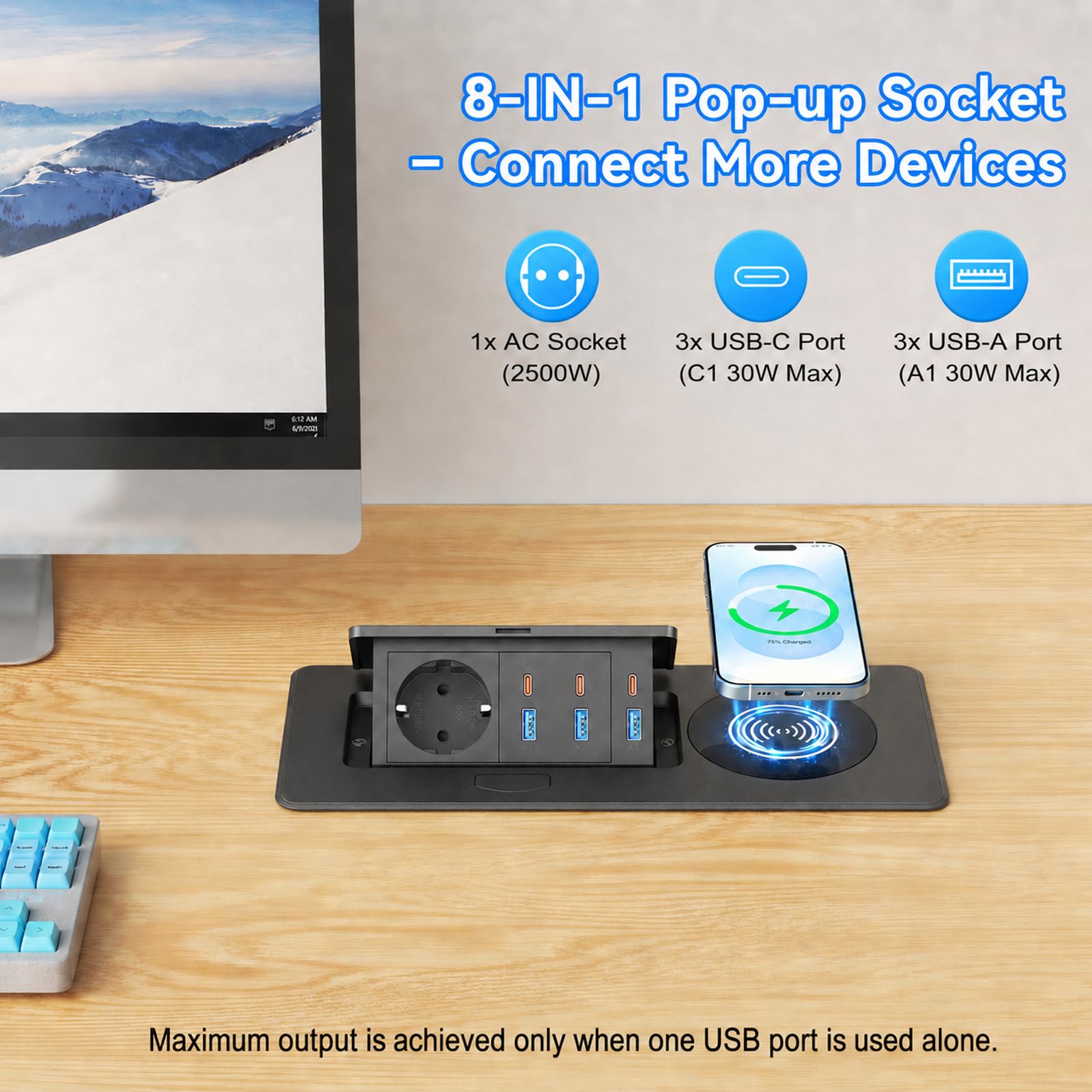 Versenkbare Steckdose mit 6 USB & 15W kabellosem Laden, Schwarz | Einbausteckdose mit USB-C1 PD 30W & USB-A1 30W, 1,8 m Kabel, für Schreibtisch, Büro, Homeoffice & Küche
