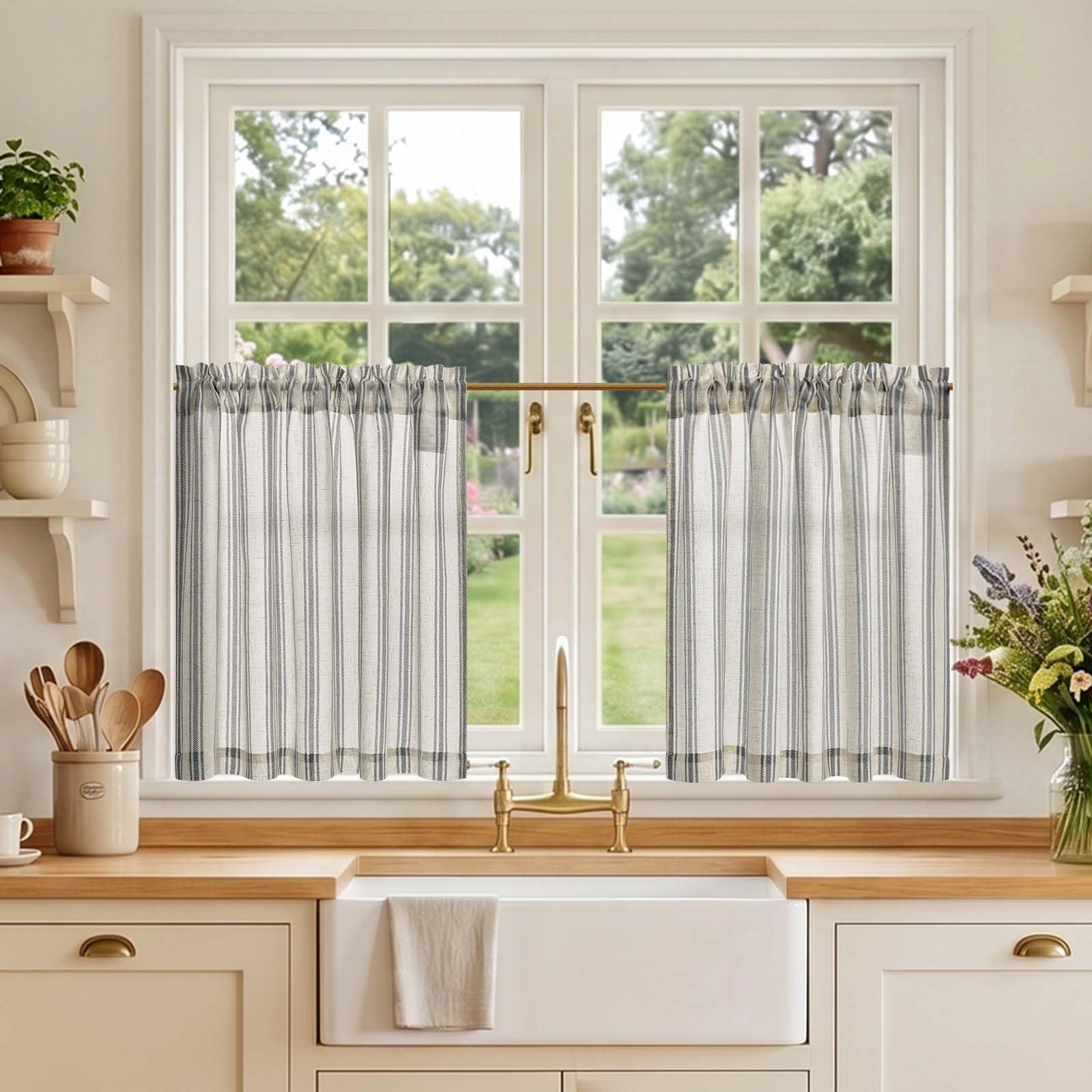 TOPICK Linen Look Kitchen Curtains, Cafe Curtains, W36 xL24 Black Striped
