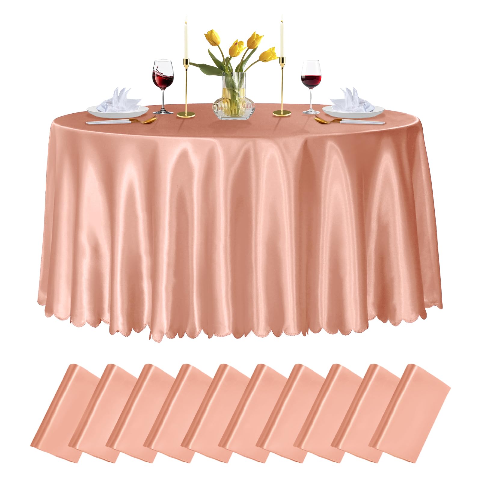 Cobedzy 10 Pack 90 Inch Rose Gold Round Satin Tablecloths Round Satin Table Cloths, Overlay Silky Tablecloths Dining Table Covers for Wedding, Party,