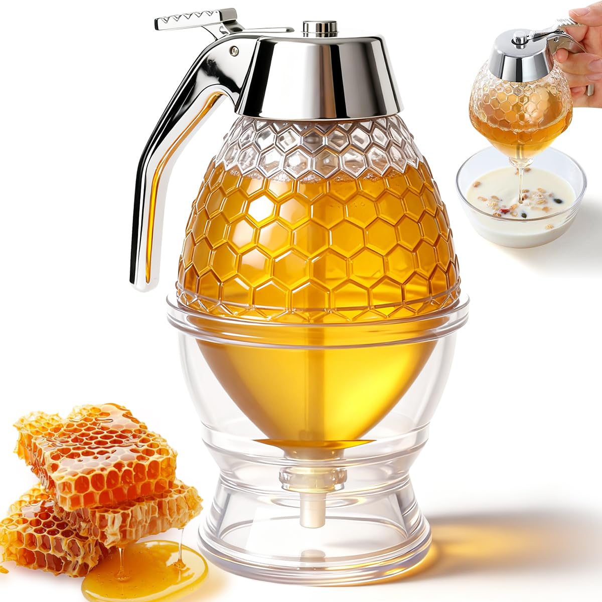 Dispensador de Miel,Jarabe Dispensador,Dispensadors Miels con soporte,Tarro de miels antigoteo,para Servir Miel y Almíbar (200ML)