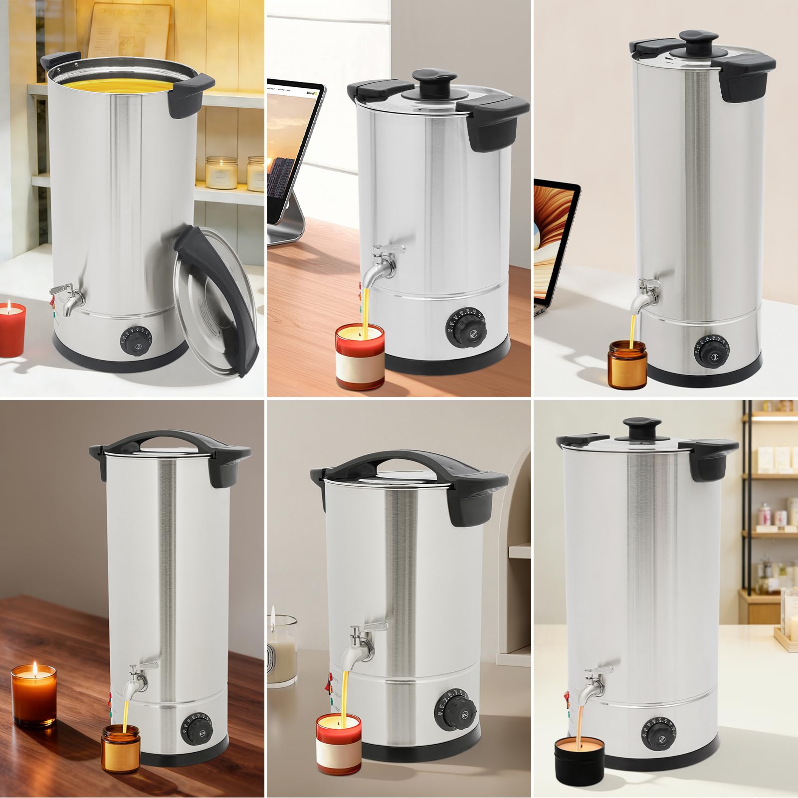 CCAUUB Fuciera per cera, 15 l, in acciaio inox, con beccuccio e regolatore di temperatura | Scioglie cera di soia, cera d'api, paraffina e cera di cocco con 1800 W, 0-110 °C, per candele, sapone e artigianato