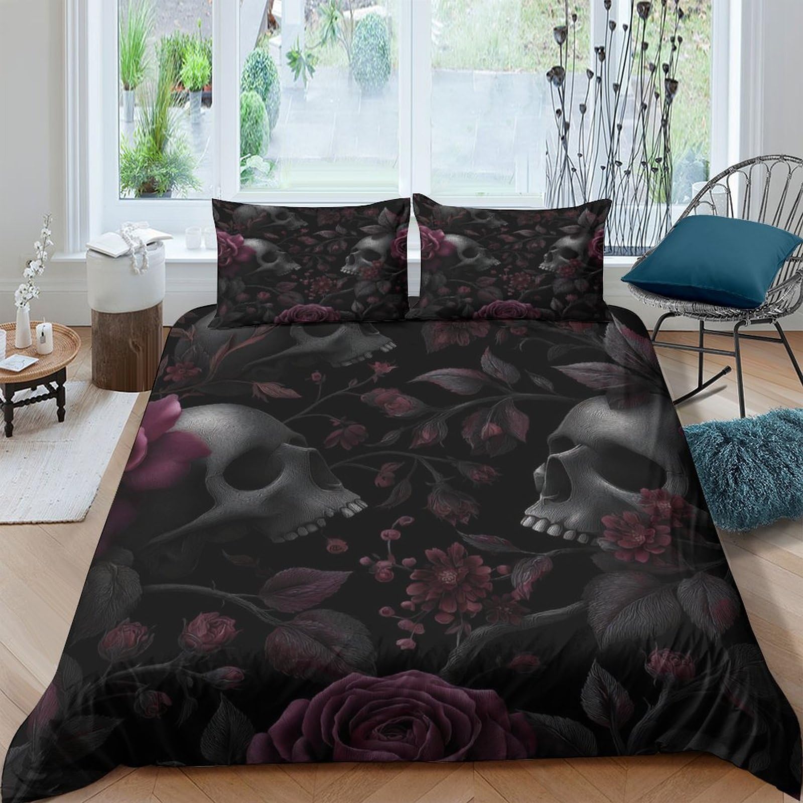 Ctjqhvkz Style-9 3D Printed Gothic Skull Fitted Sheet Microfiber Black Rose Mattress Cover For Bedroom Decor, Anti-Slip, Easy Care, Dustproof Single（135X200cm）