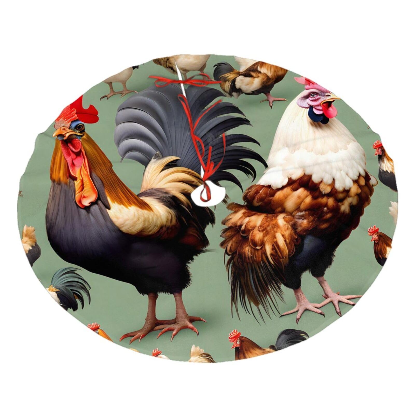Rooster and Chicken Printed Christmas Tree Skirt Christmas Plush Tree Skirt 48 inches (About 112.2 cm) Christmas