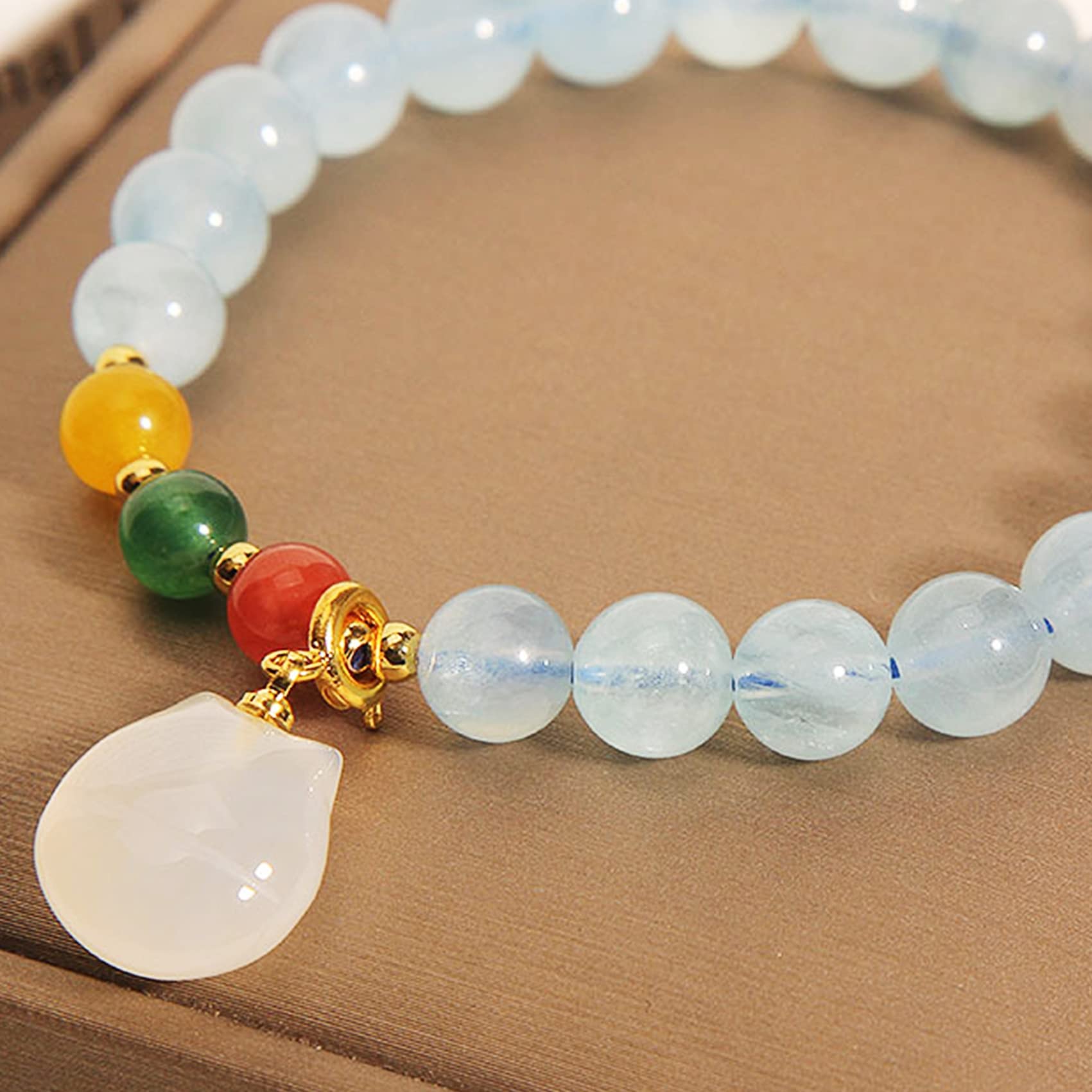 Braccialetti con Perline, Ciondolo Gatto Portafortuna in Acquamarina Naturale
