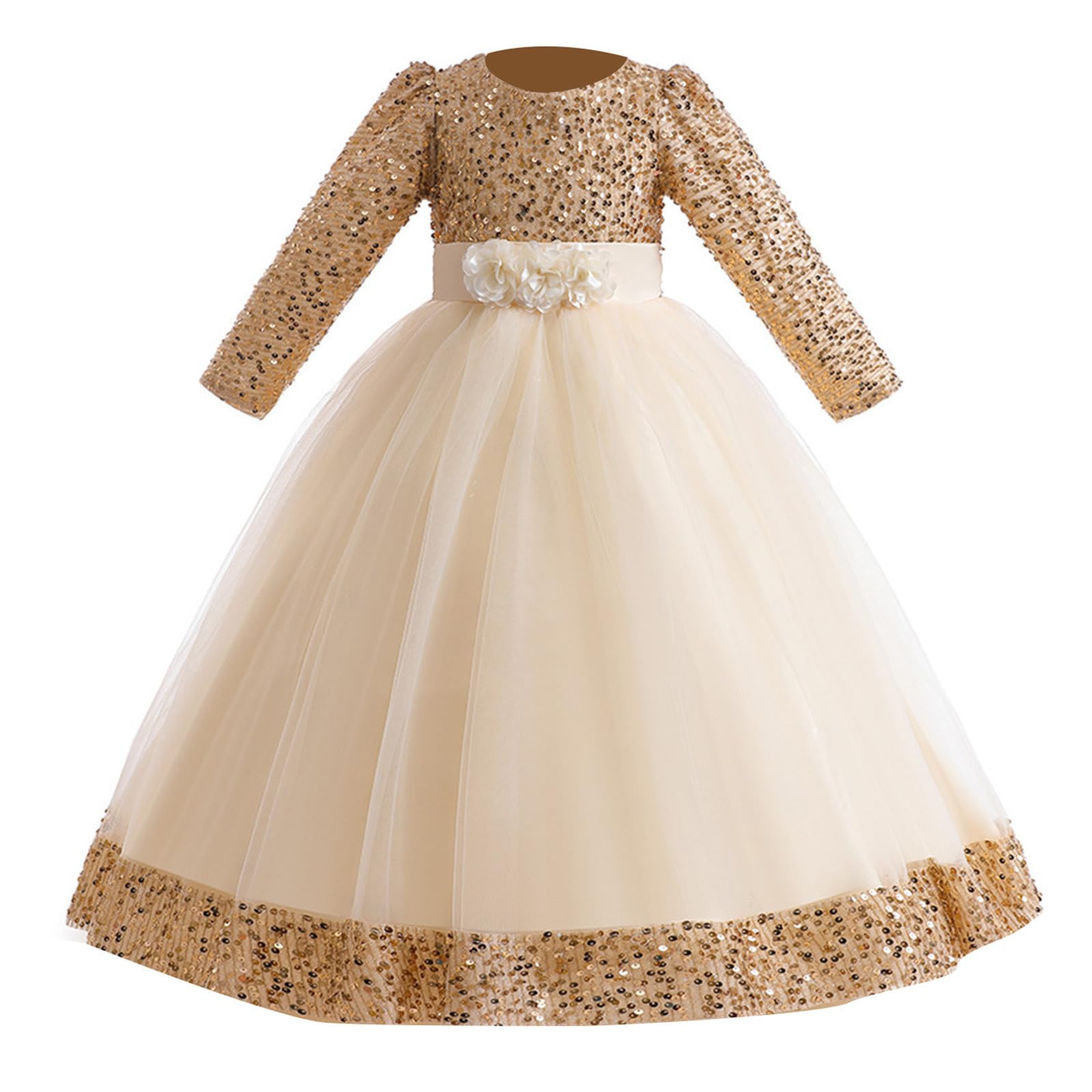 2027-Vestido de Noche Infantil con Volantes Bordados Tul Estampado y Mangas largas para niñas pequeñas Ideal como Prenda Princesa navideña
