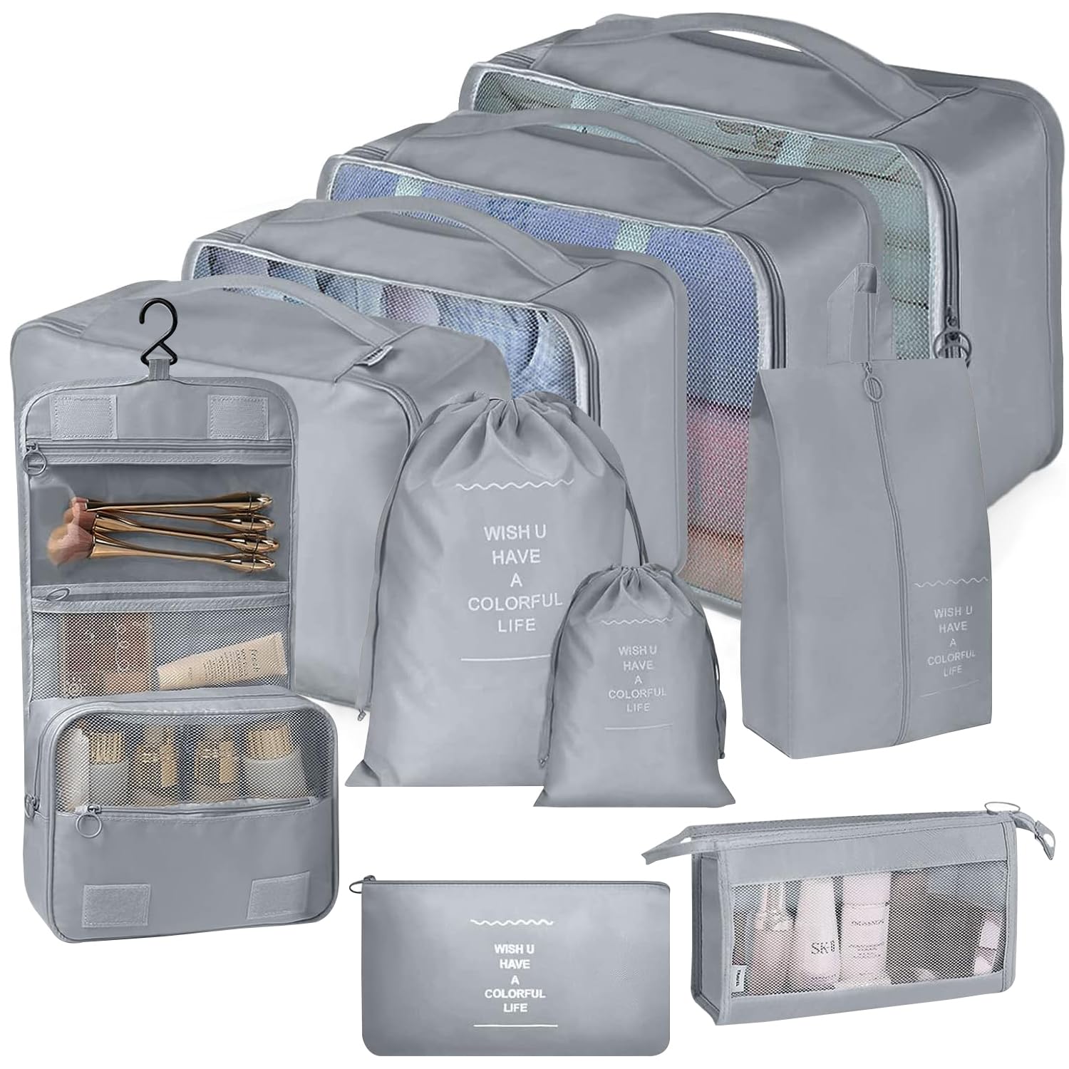 Necomi 10 Set Packing Cubes for Suitcases, Travel Luggage Organizer, Travel Packing Kit with Clothes Storage Bag & Shoes & Toiletry Bag & Underwear Bag-Black (Grey)