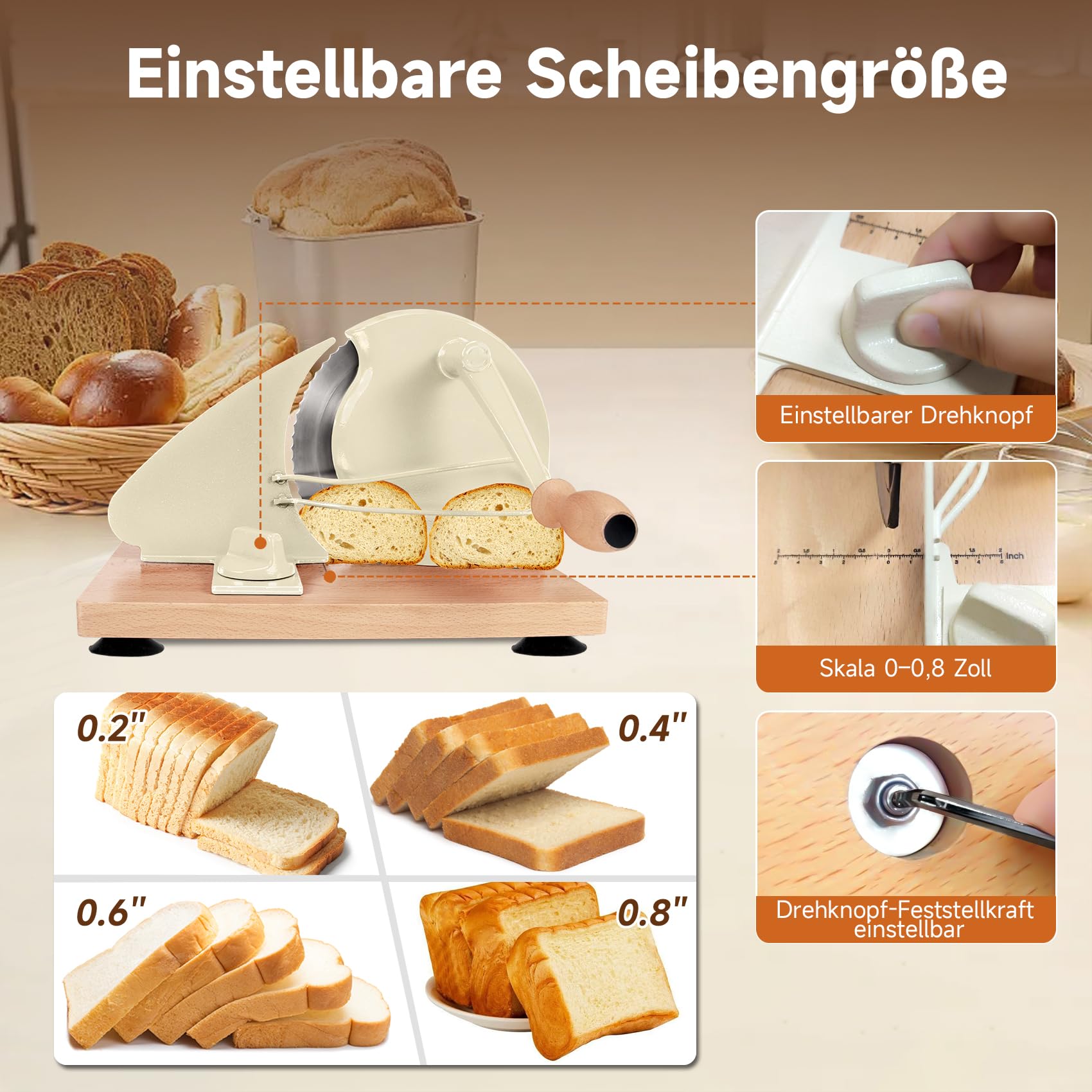 Brotschneidemaschine Manuell mit Handkurbel, Brotschneider 0–23 mm, Verstellbare Schnittstärke, Edelstahlklinge, Führungsschiene, Saugnäpfe, für Sauerteigbrot, Toast, Baguette